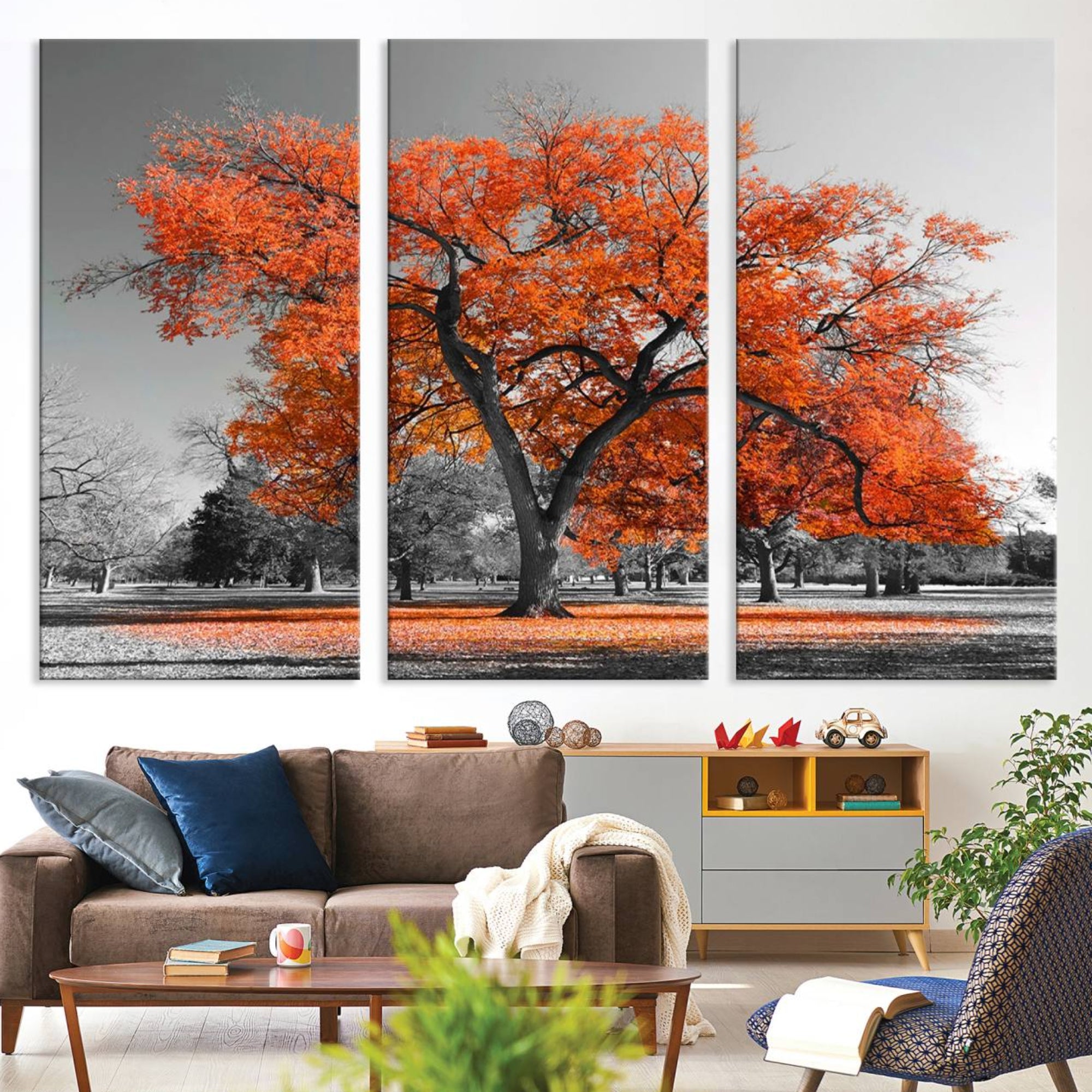 71922-MGV-CV-36X24-Orange Autumn Tree Wall Art Canvas Print – Framed Vibrant Fall Foliage Scene Artwork for Home, Office, Living Room Decor