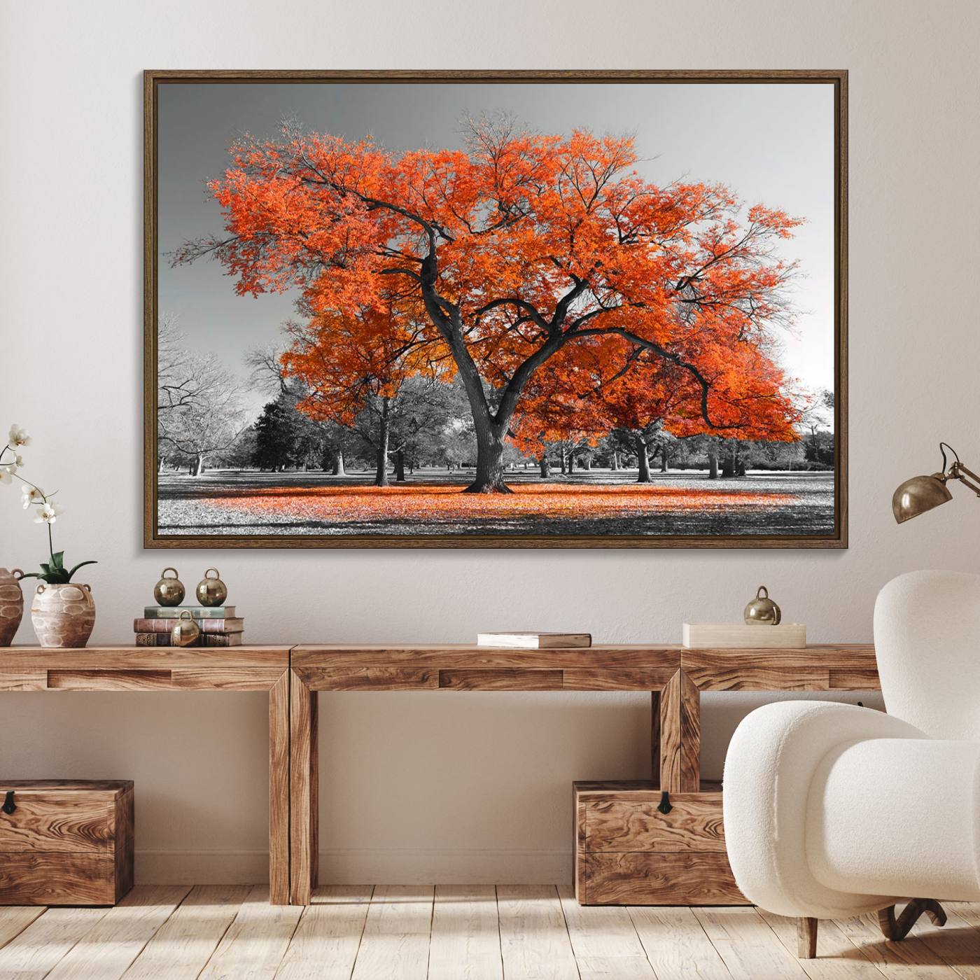71922-MGV-FC-36X24_Walnut-Orange Autumn Tree Wall Art Canvas Print – Framed Vibrant Fall Foliage Scene Artwork for Home, Office, Living Room Decor