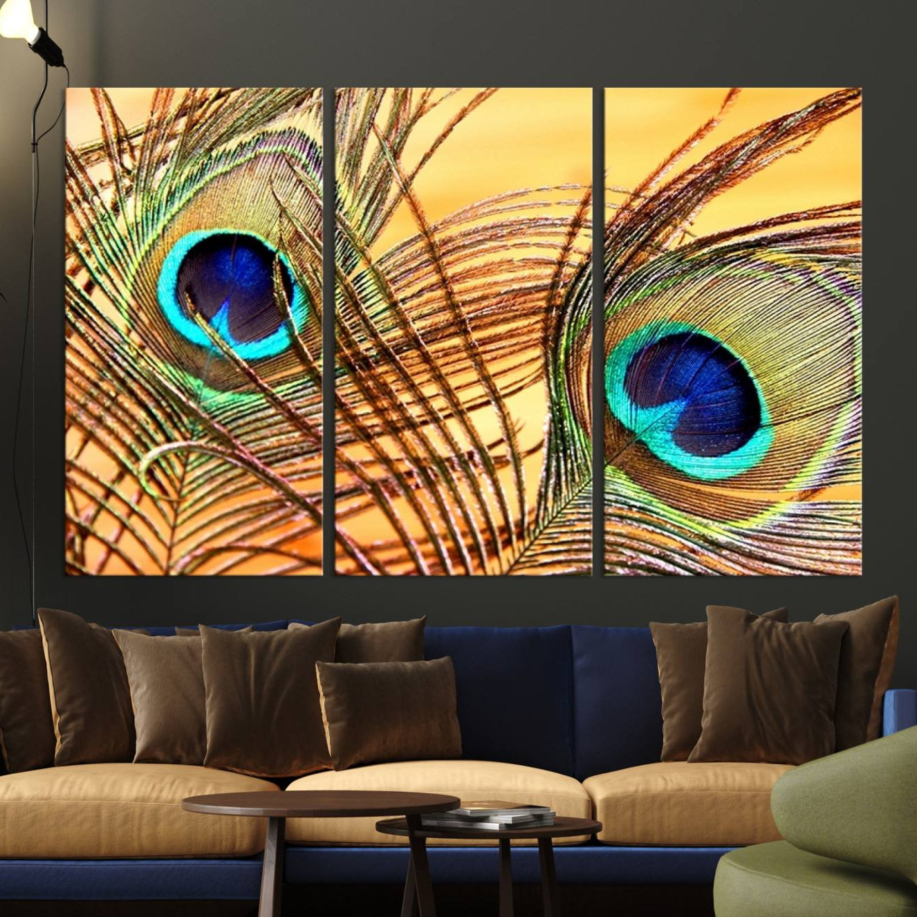-Peacock Feather Wall Art Print - Vibrant Green, Blue, and Orange Peacock Feather Design, Ready to