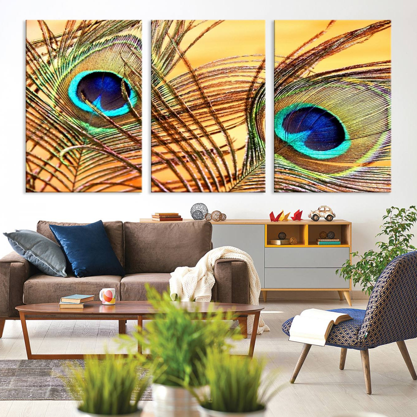 -Peacock Feather Wall Art Print - Vibrant Green, Blue, and Orange Peacock Feather Design, Ready to