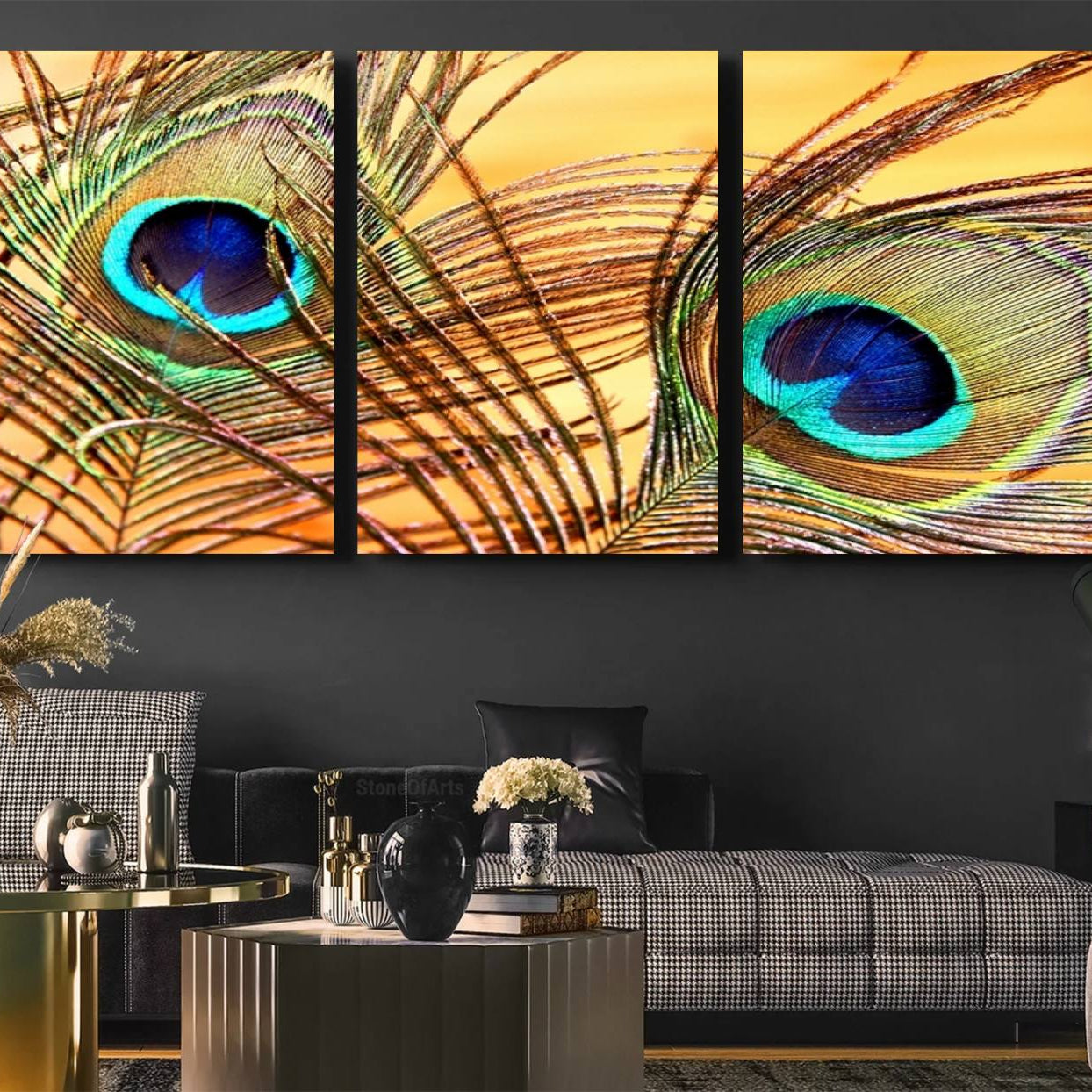 -Peacock Feather Wall Art Print - Vibrant Green, Blue, and Orange Peacock Feather Design, Ready to