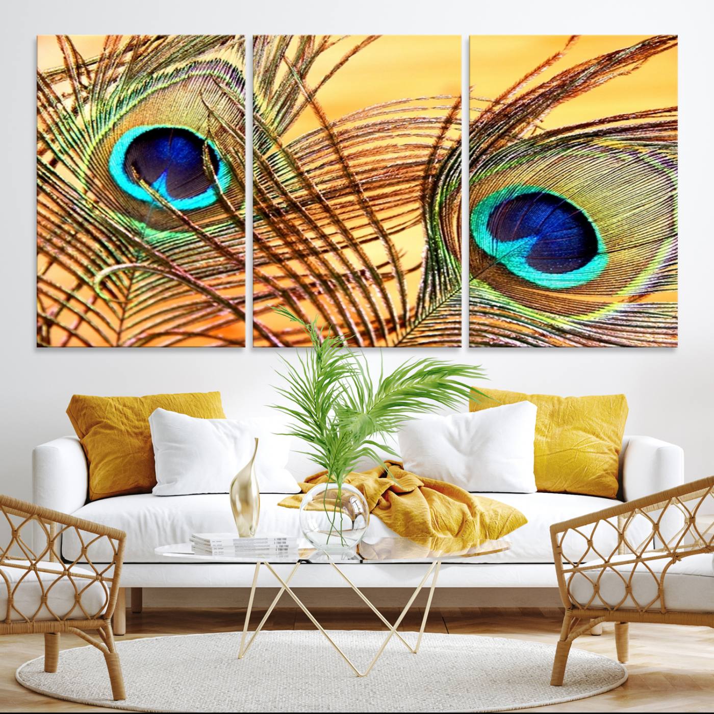 -Peacock Feather Wall Art Print - Vibrant Green, Blue, and Orange Peacock Feather Design, Ready to