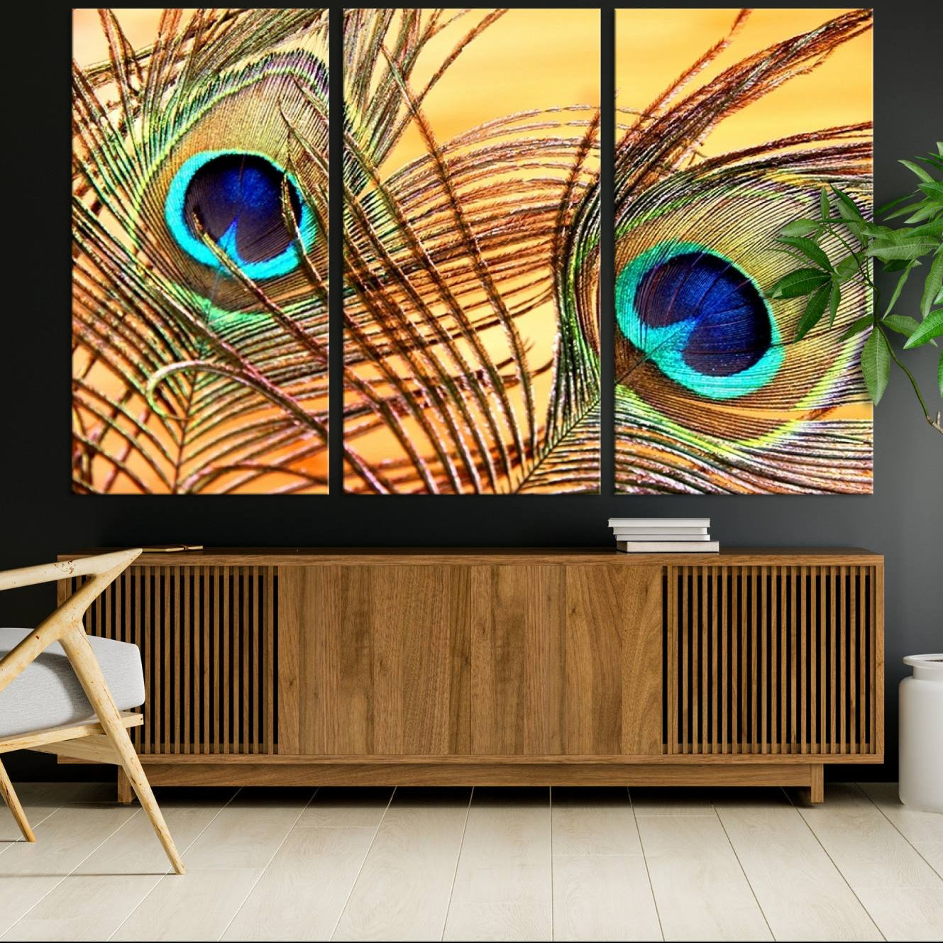 -Peacock Feather Wall Art Print - Vibrant Green, Blue, and Orange Peacock Feather Design, Ready to