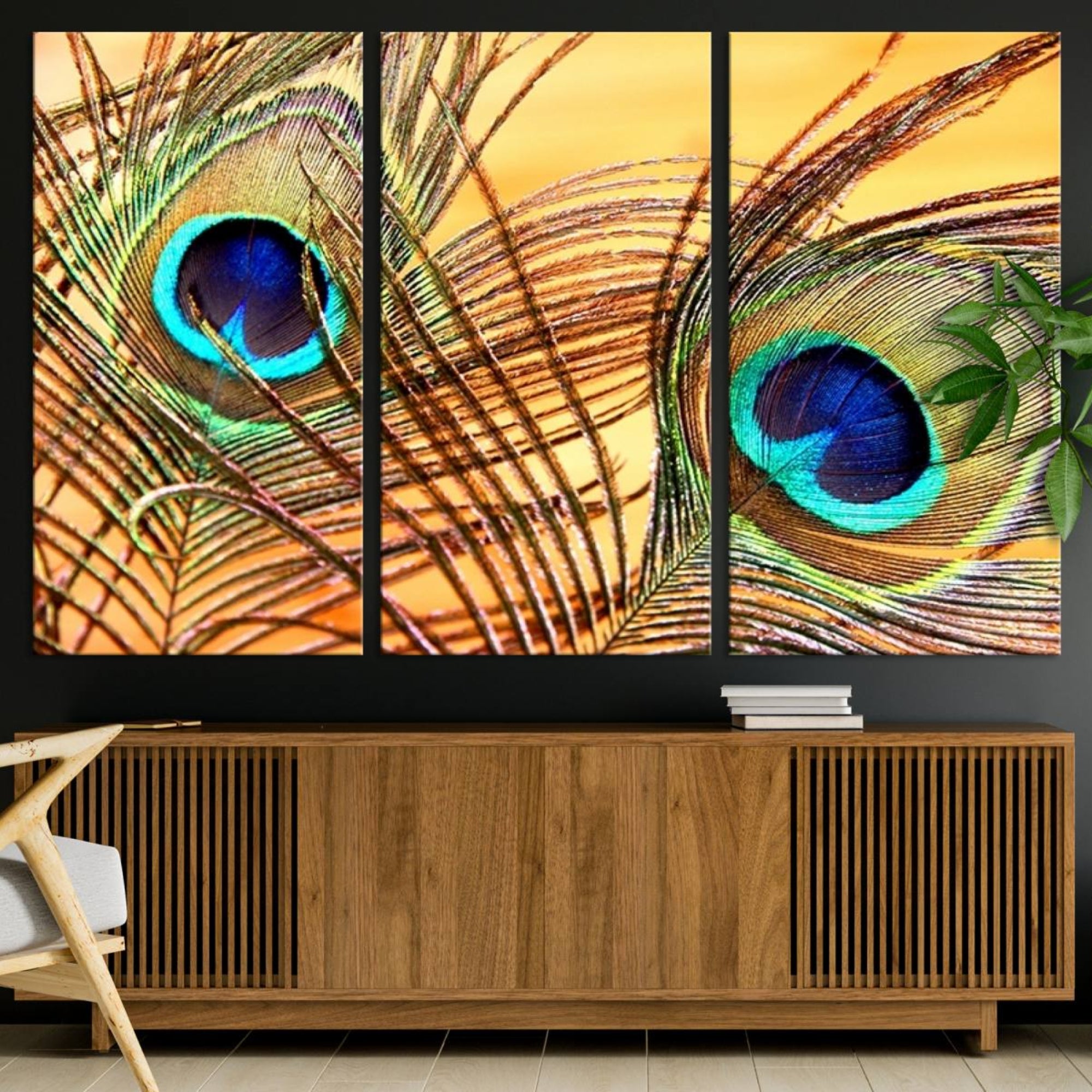 95449-MGV-CV-36X24-Peacock Feather Wall Art Print - Vibrant Green, Blue, and Orange Peacock Feather Design, Ready to