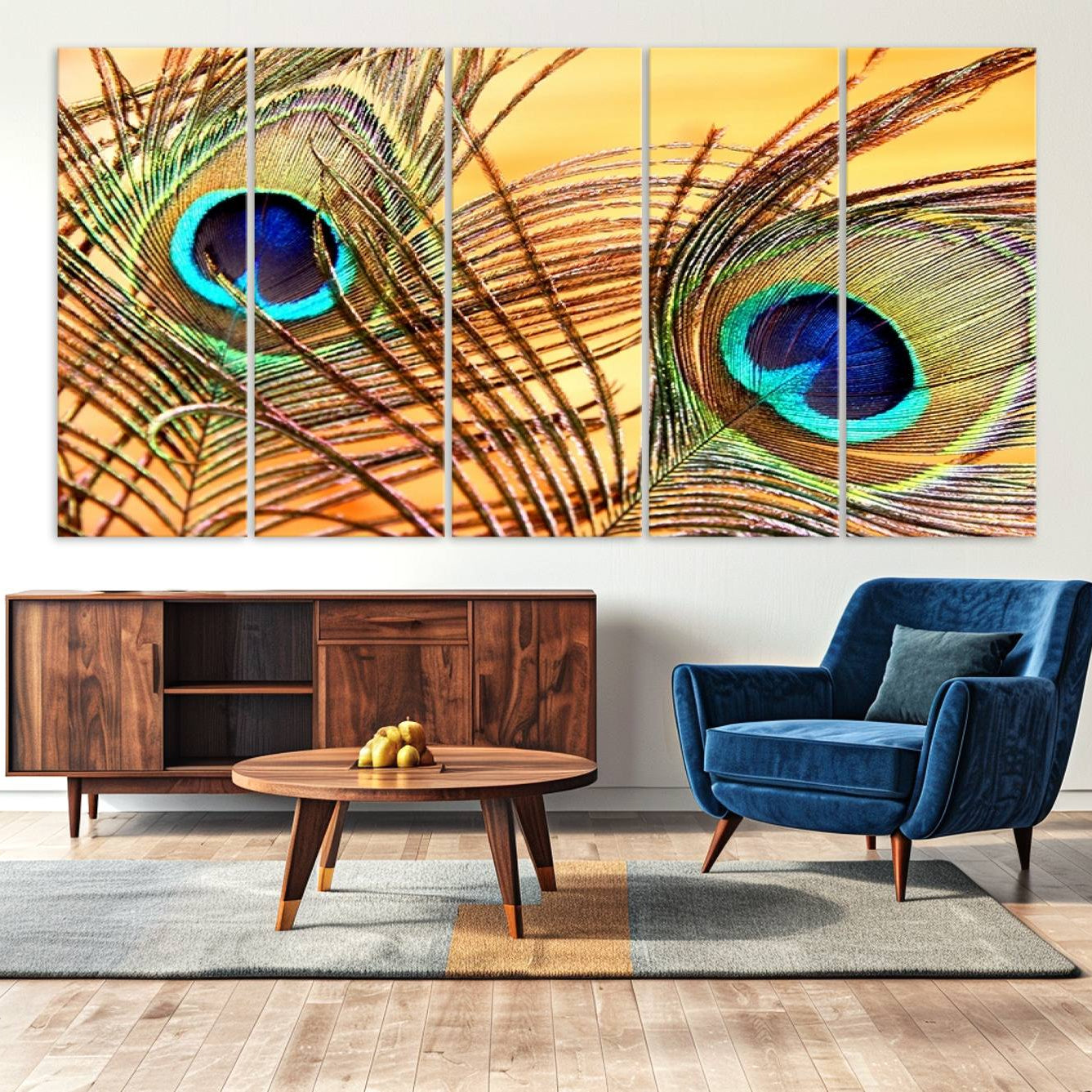 -Peacock Feather Wall Art Print - Vibrant Green, Blue, and Orange Peacock Feather Design, Ready to