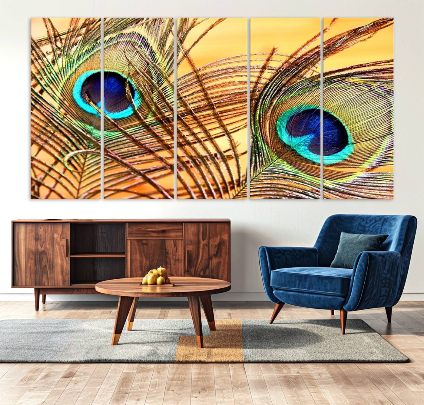 95449-MGV-CV-36X24-Peacock Feather Wall Art Print - Vibrant Green, Blue, and Orange Peacock Feather Design, Ready to