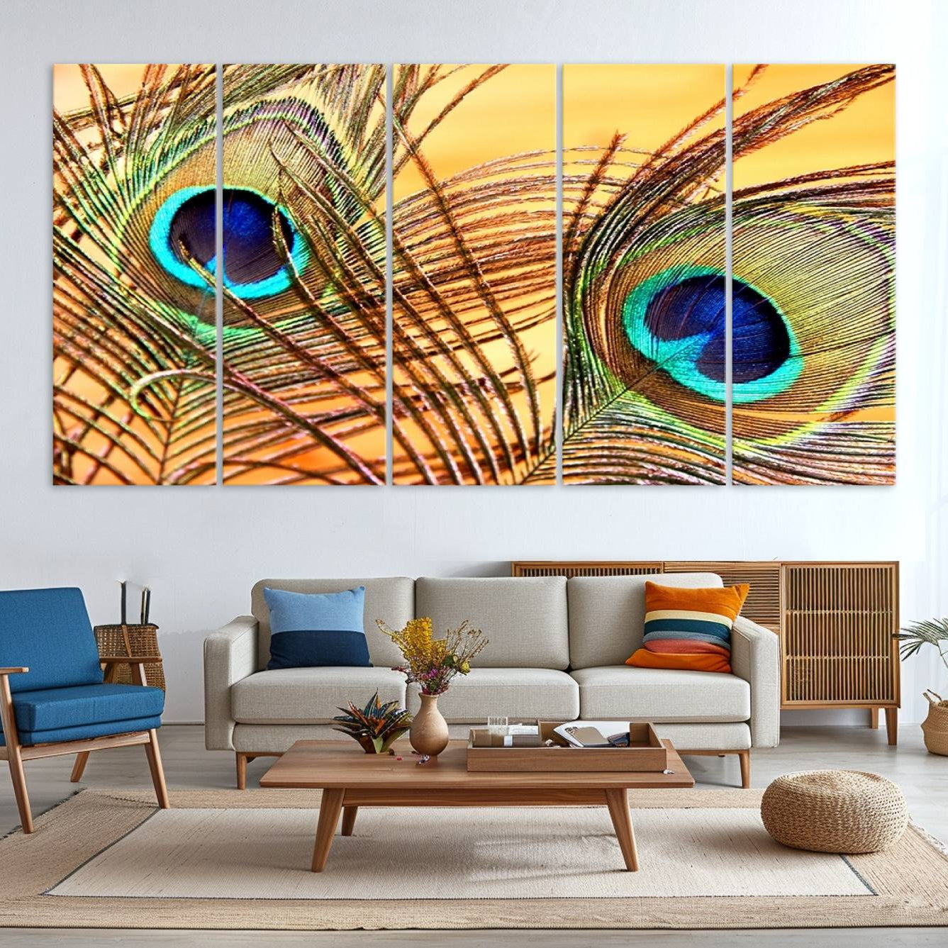 -Peacock Feather Wall Art Print - Vibrant Green, Blue, and Orange Peacock Feather Design, Ready to