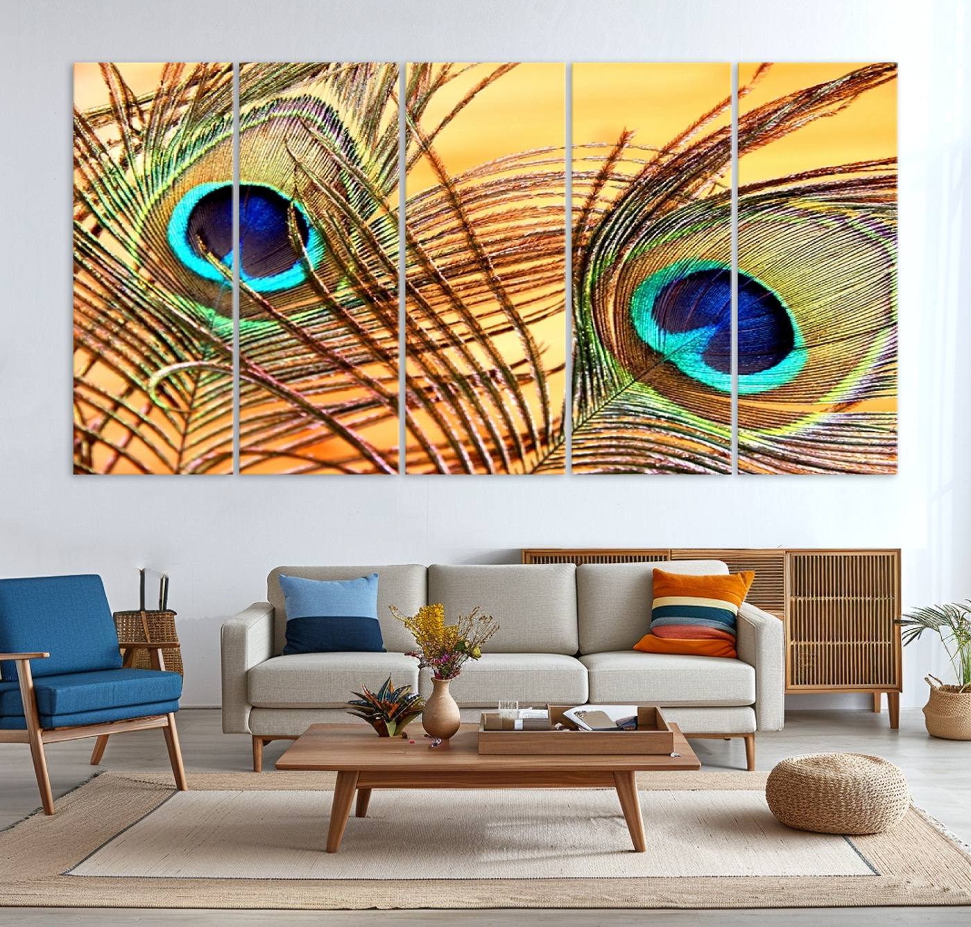 95449-MGV-CV-36X24-Peacock Feather Wall Art Print - Vibrant Green, Blue, and Orange Peacock Feather Design, Ready to