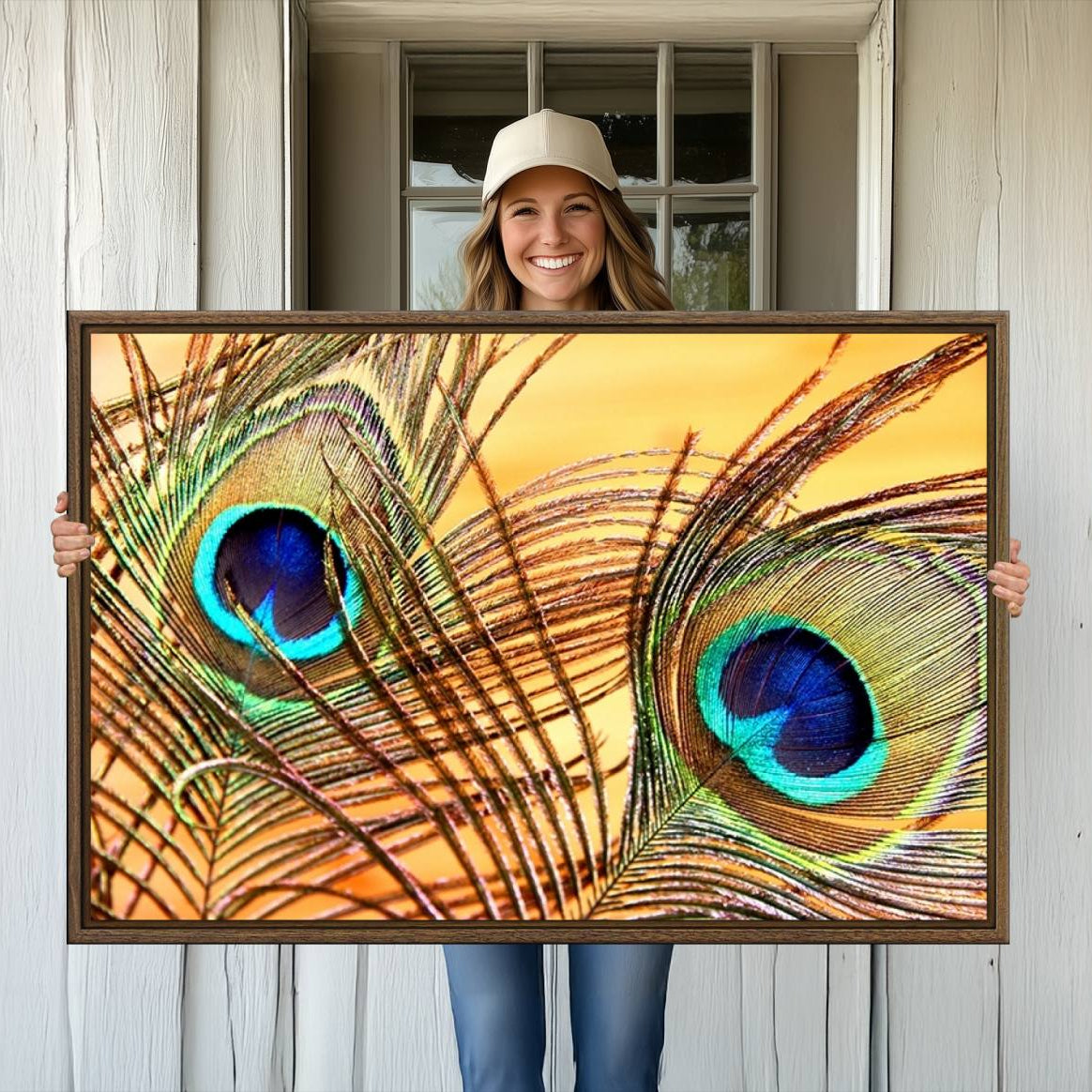 -Peacock Feather Wall Art Print - Vibrant Green, Blue, and Orange Peacock Feather Design, Ready to