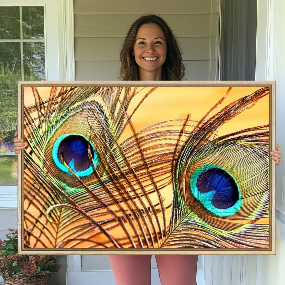 -Peacock Feather Wall Art Print - Vibrant Green, Blue, and Orange Peacock Feather Design, Ready to