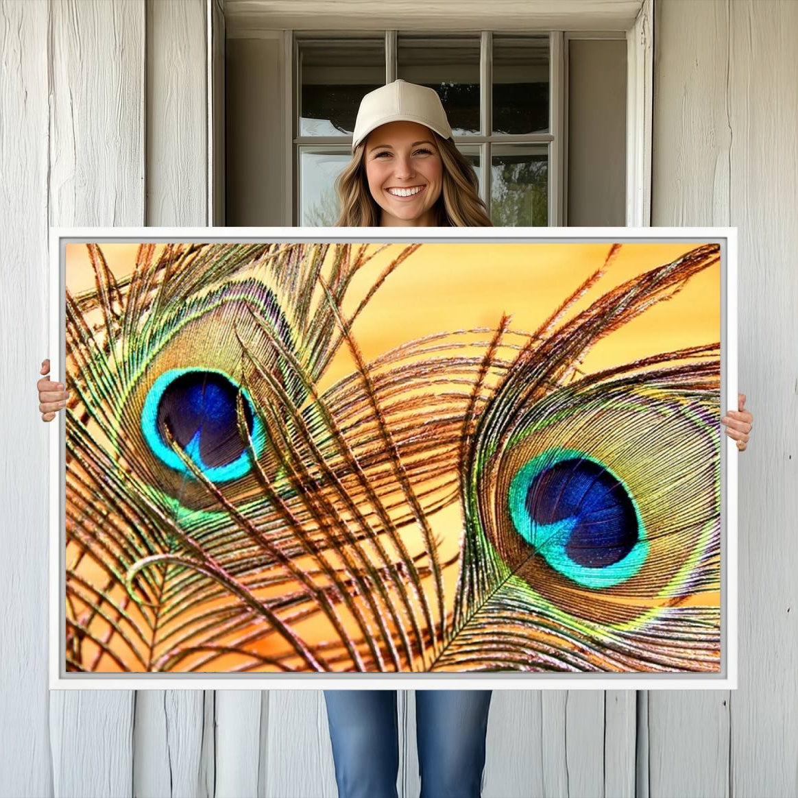 -Peacock Feather Wall Art Print - Vibrant Green, Blue, and Orange Peacock Feather Design, Ready to