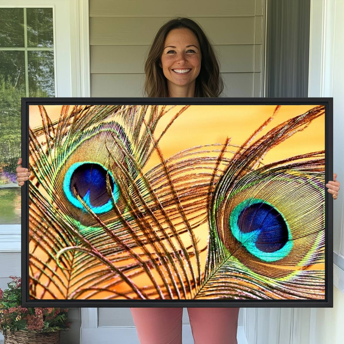 -Peacock Feather Wall Art Print - Vibrant Green, Blue, and Orange Peacock Feather Design, Ready to