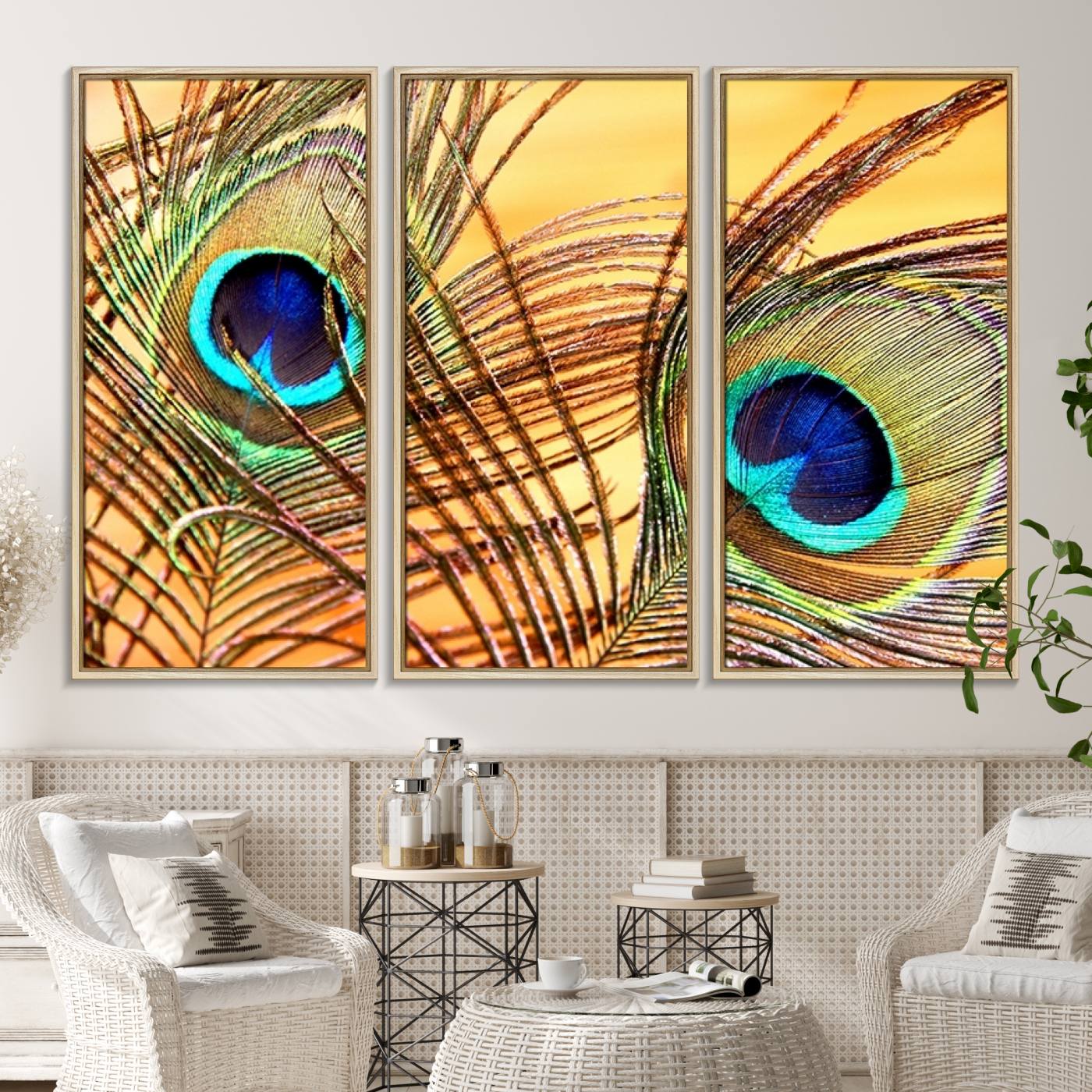 -Peacock Feather Wall Art Print - Vibrant Green, Blue, and Orange Peacock Feather Design, Ready to