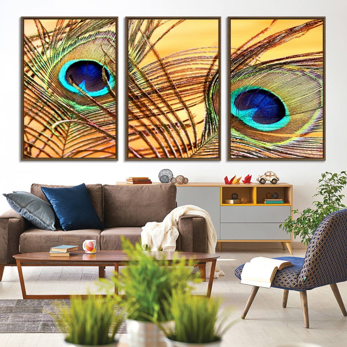-Peacock Feather Wall Art Print - Vibrant Green, Blue, and Orange Peacock Feather Design, Ready to