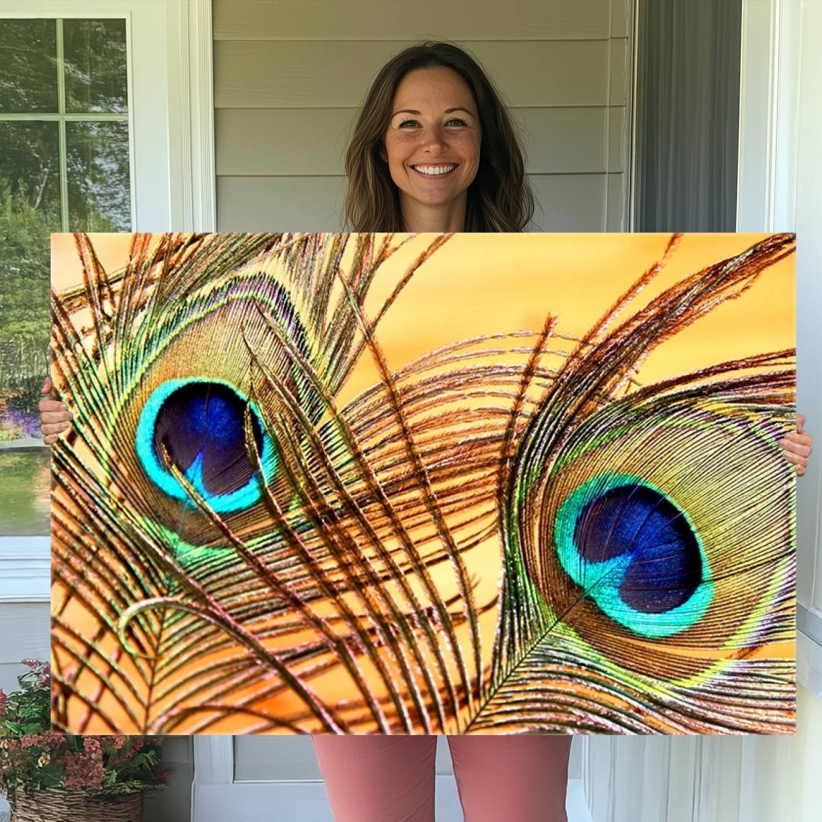 -Peacock Feather Wall Art Print - Vibrant Green, Blue, and Orange Peacock Feather Design, Ready to