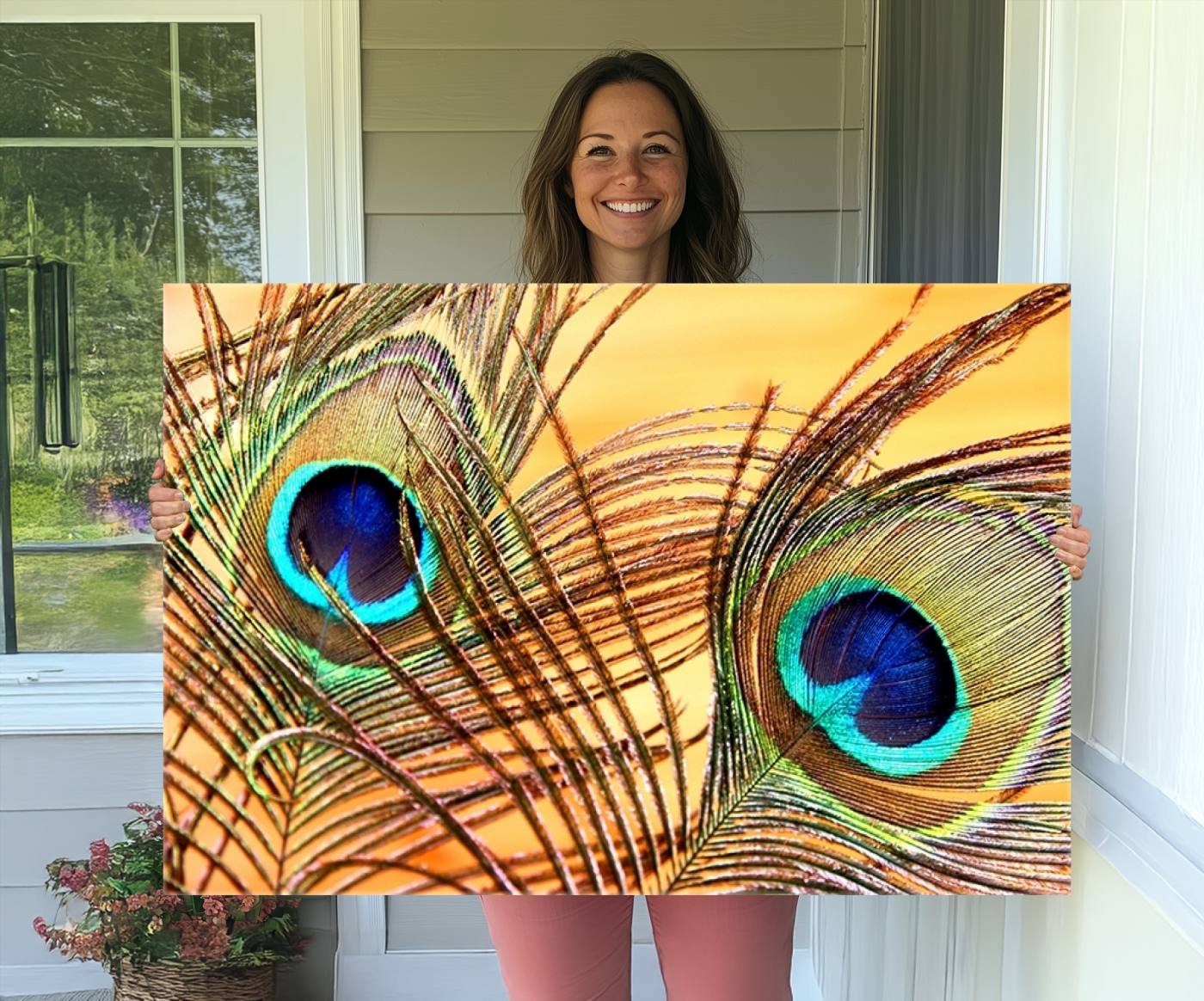 95449-MGV-CV-36X24-Peacock Feather Wall Art Print - Vibrant Green, Blue, and Orange Peacock Feather Design, Ready to