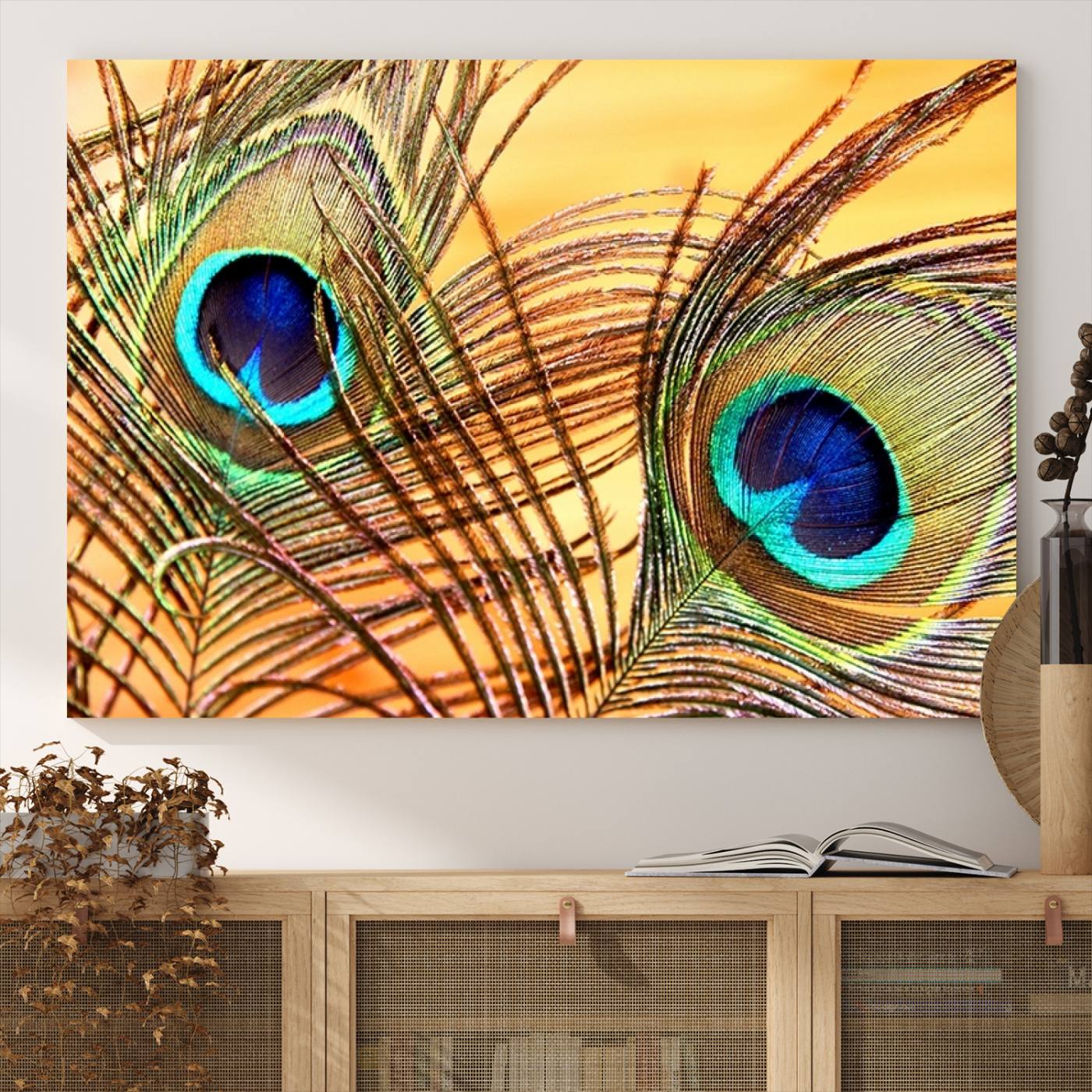 -Peacock Feather Wall Art Print - Vibrant Green, Blue, and Orange Peacock Feather Design, Ready to