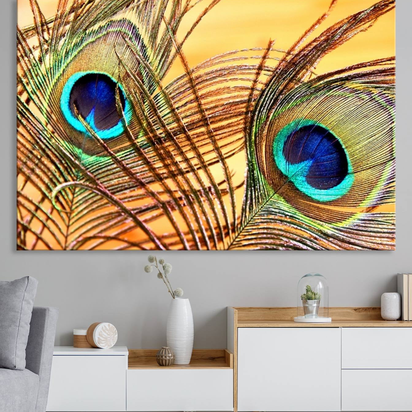 -Peacock Feather Wall Art Print - Vibrant Green, Blue, and Orange Peacock Feather Design, Ready to