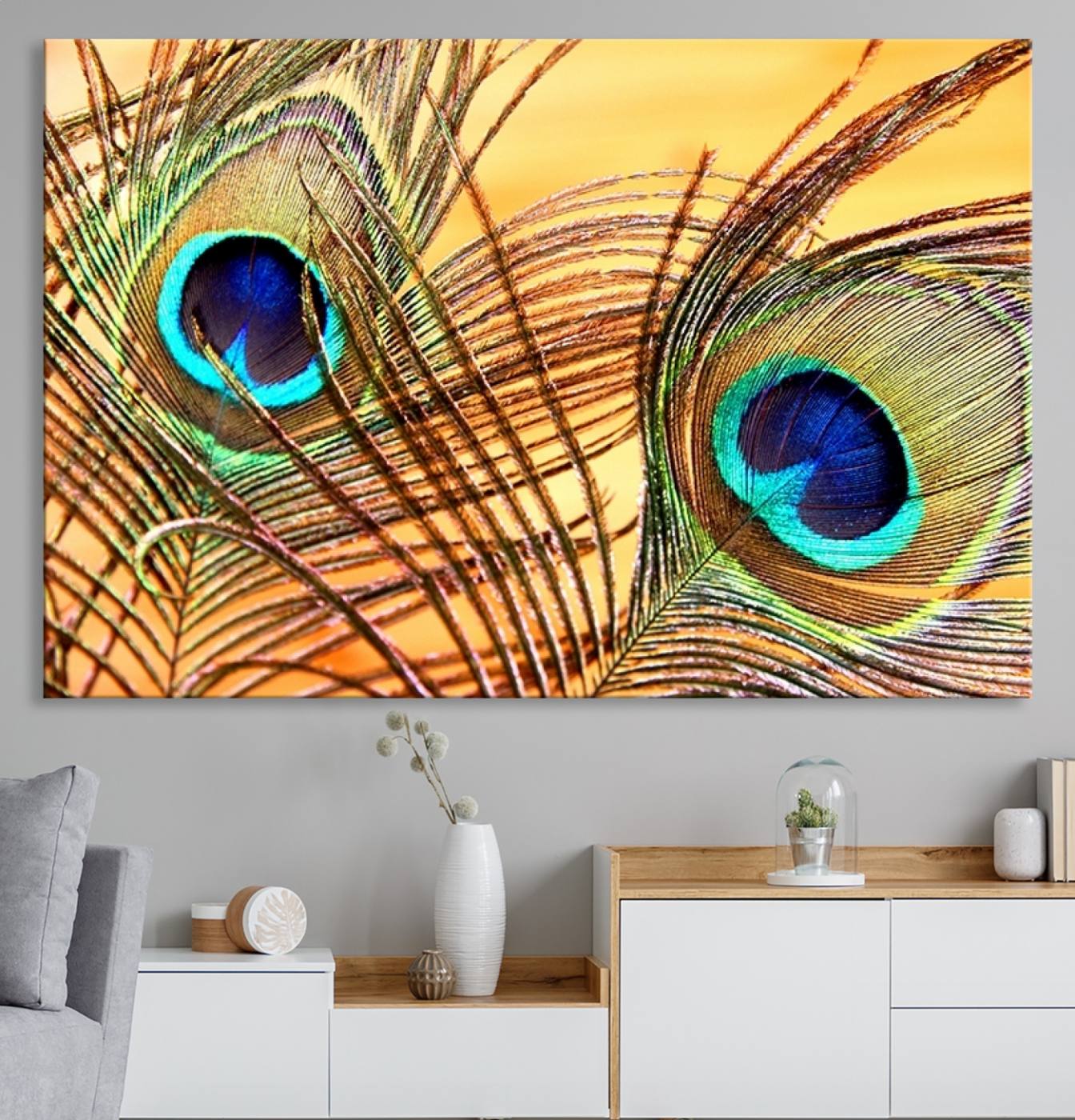 95449-MGV-CV-36X24-Peacock Feather Wall Art Print - Vibrant Green, Blue, and Orange Peacock Feather Design, Ready to