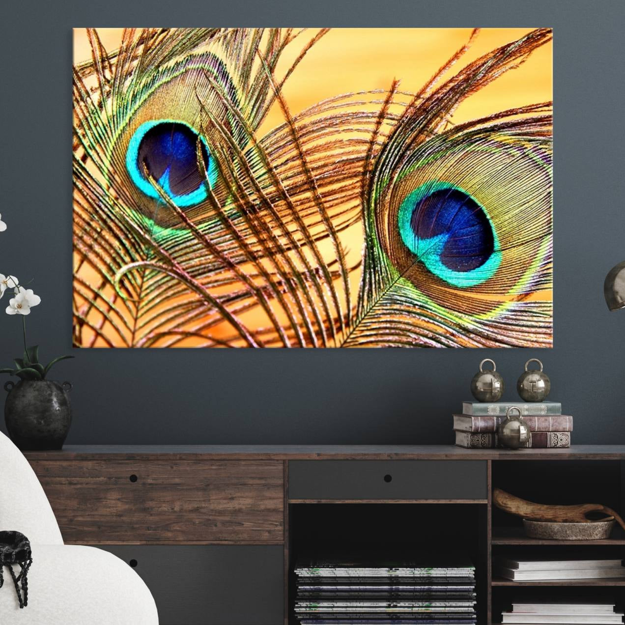 -Peacock Feather Wall Art Print - Vibrant Green, Blue, and Orange Peacock Feather Design, Ready to