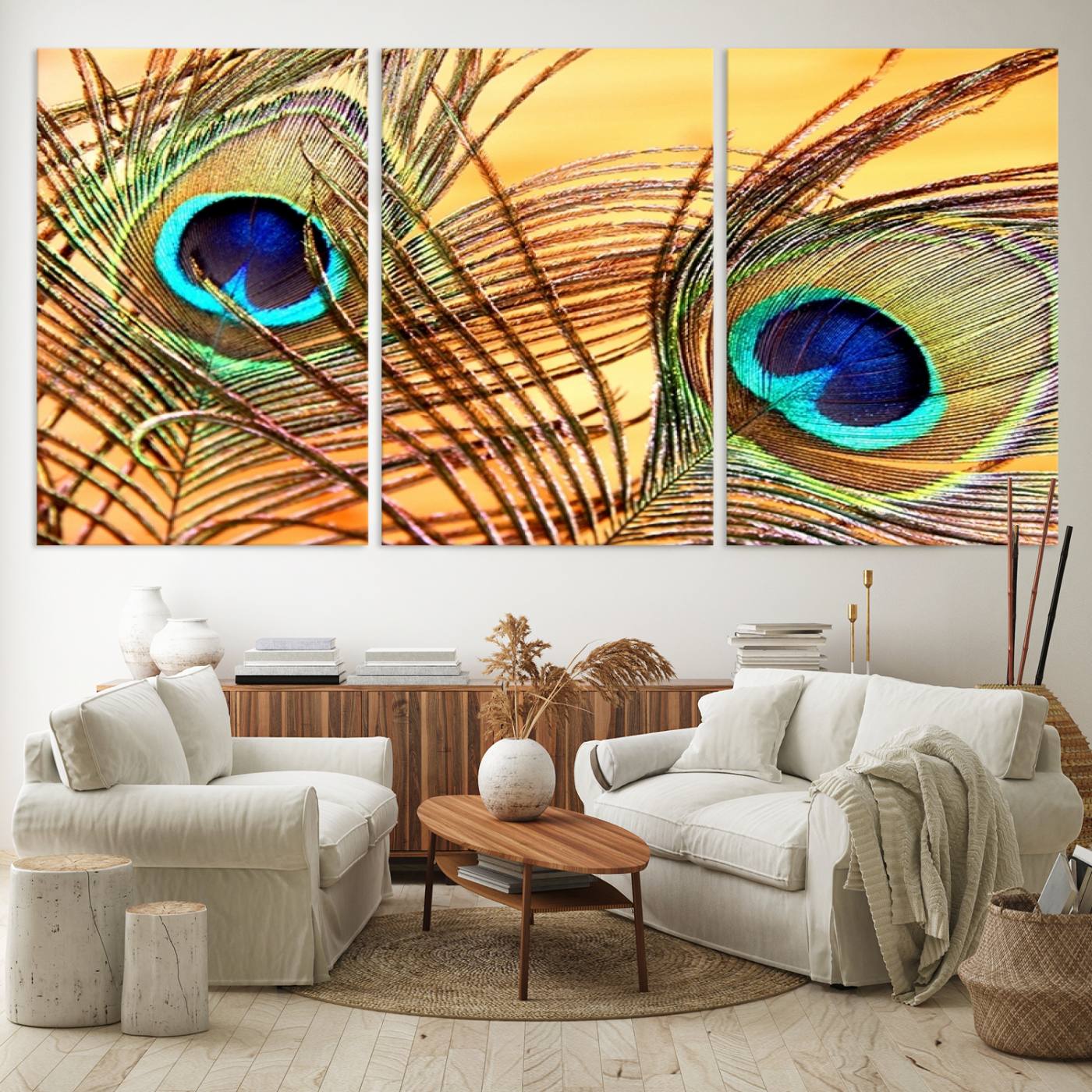 95449-MGV-CV-60X30-3P-Peacock Feather Wall Art Print - Vibrant Green, Blue, and Orange Peacock Feather Design, Ready to