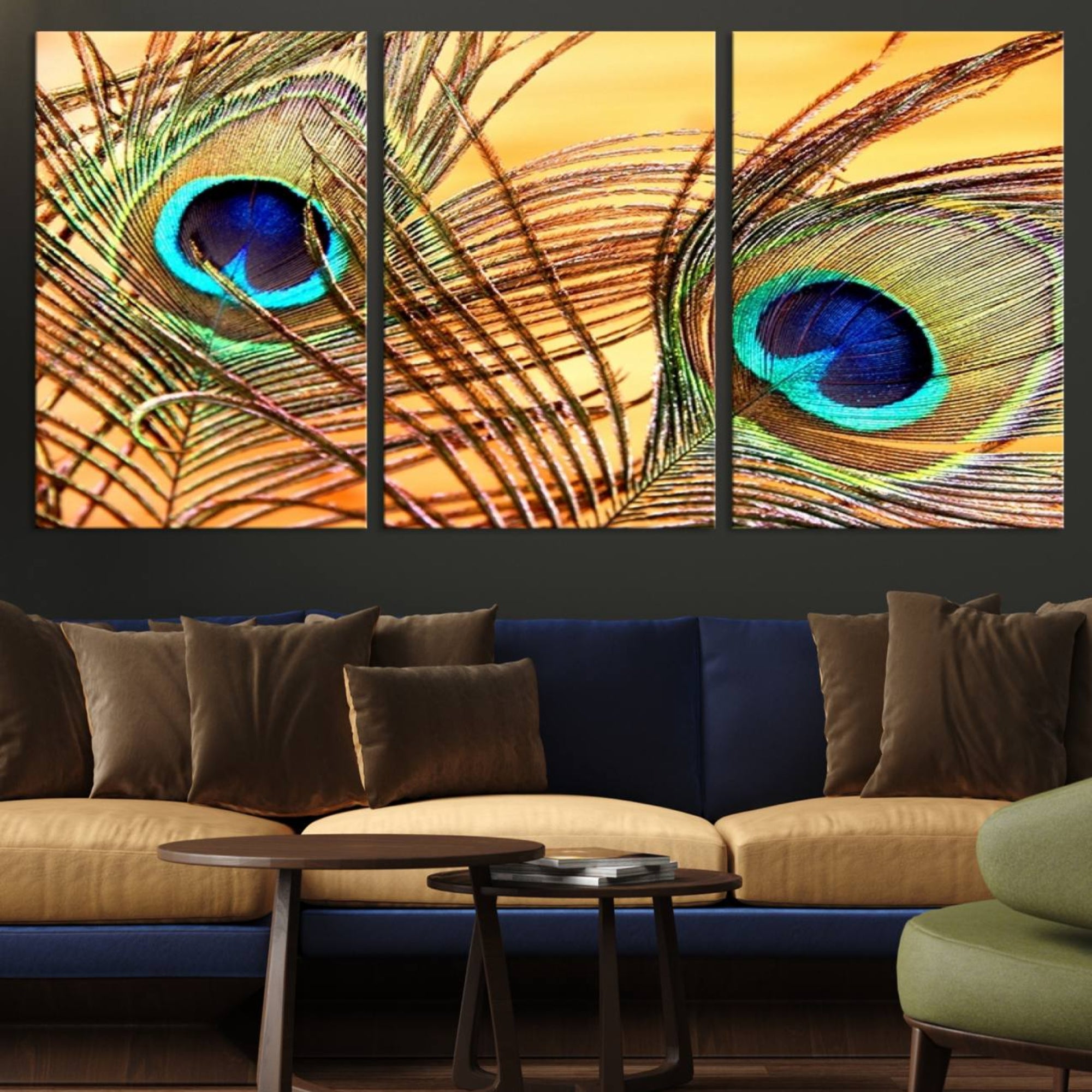 95449-MGV-CV-36X24-Peacock Feather Wall Art Print - Vibrant Green, Blue, and Orange Peacock Feather Design, Ready to