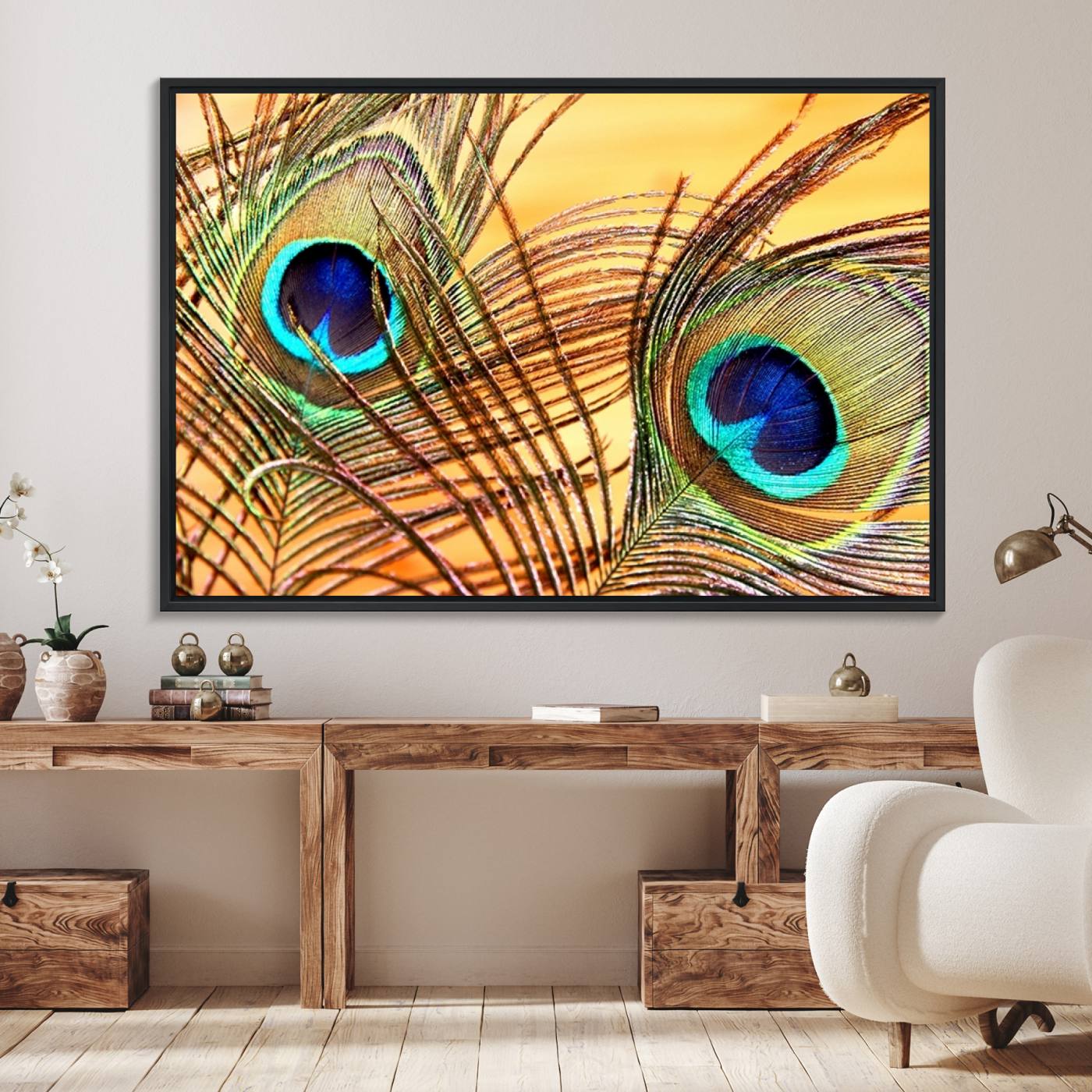 95449-MGV-FC-36X24_Black-Peacock Feather Wall Art Print - Vibrant Green, Blue, and Orange Peacock Feather Design, Ready to