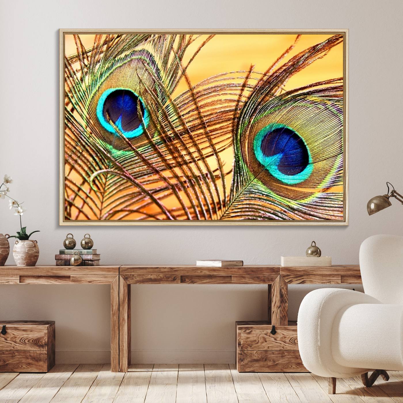 95449-MGV-FC-36X24_Natural-Peacock Feather Wall Art Print - Vibrant Green, Blue, and Orange Peacock Feather Design, Ready to