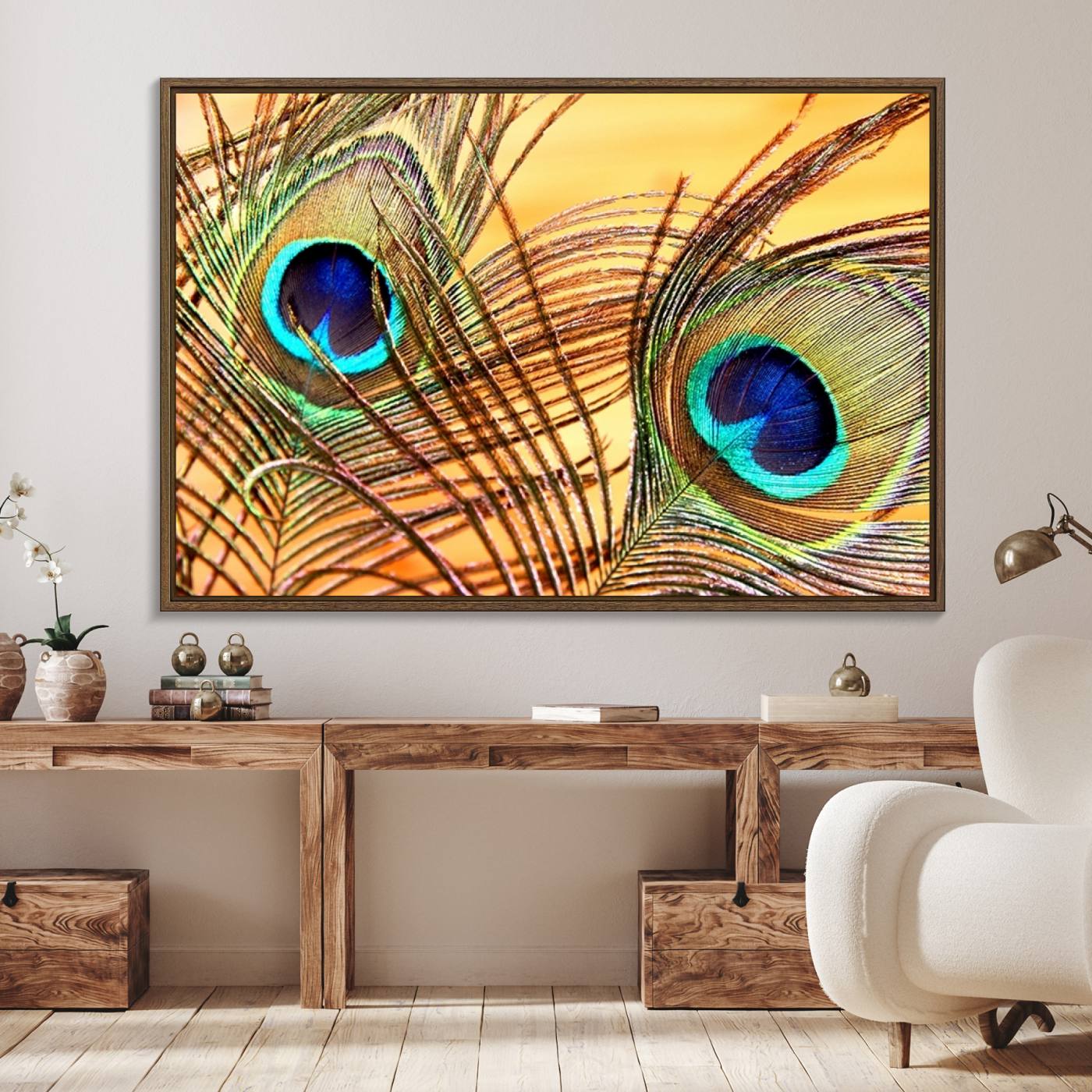 95449-MGV-FC-36X24_Walnut-Peacock Feather Wall Art Print - Vibrant Green, Blue, and Orange Peacock Feather Design, Ready to