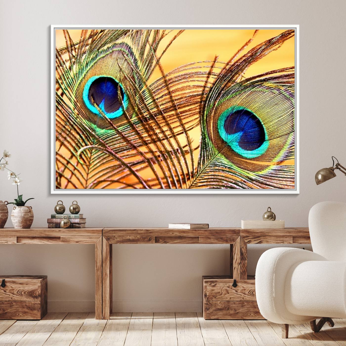 95449-MGV-FC-36X24_White-Peacock Feather Wall Art Print - Vibrant Green, Blue, and Orange Peacock Feather Design, Ready to