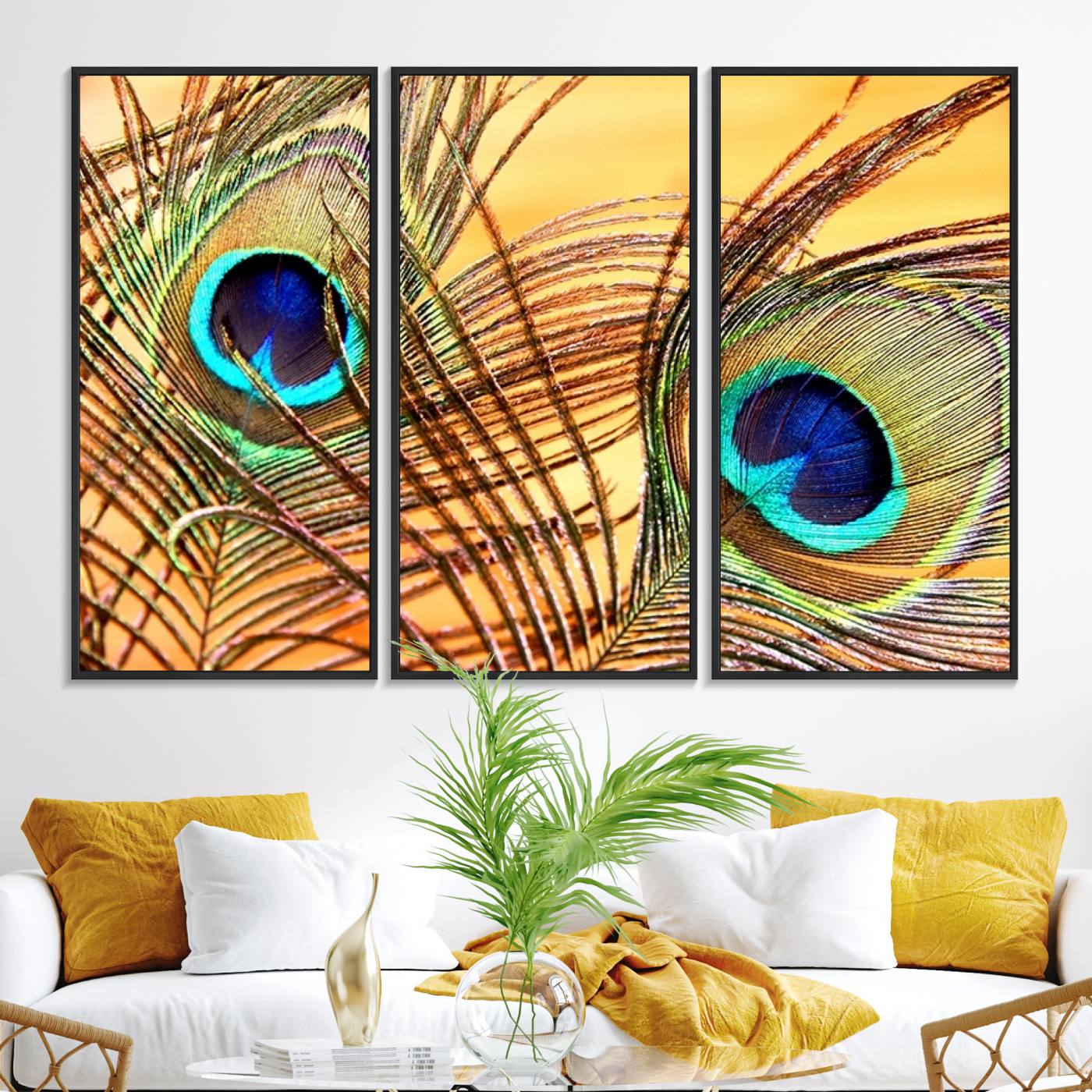 95449-MGV-FC-48X32-3P_Black-Peacock Feather Wall Art Print - Vibrant Green, Blue, and Orange Peacock Feather Design, Ready to