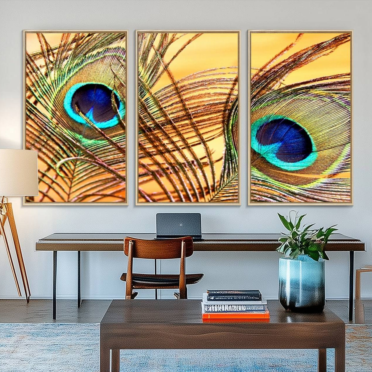 95449-MGV-FC-48X32-3P_Natural-Peacock Feather Wall Art Print - Vibrant Green, Blue, and Orange Peacock Feather Design, Ready to