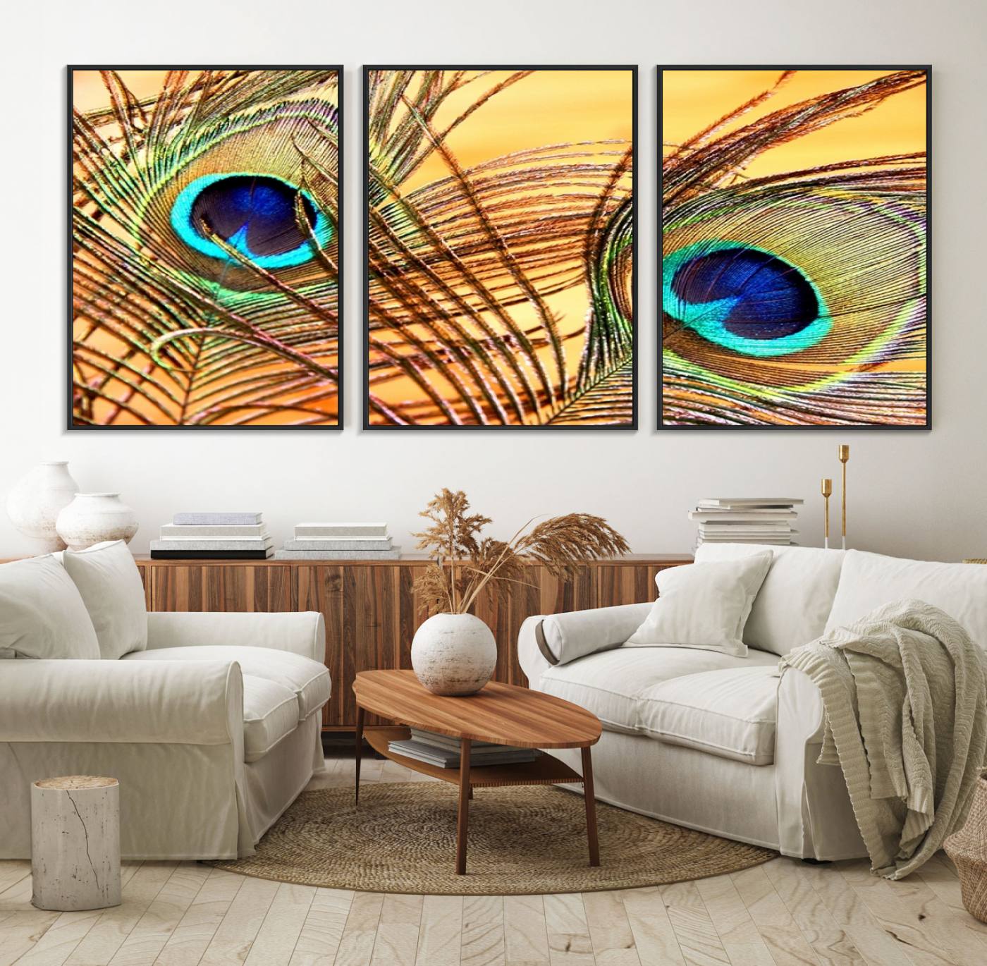 95449-MGV-FC-60X30-3P_Black-Peacock Feather Wall Art Print - Vibrant Green, Blue, and Orange Peacock Feather Design, Ready to