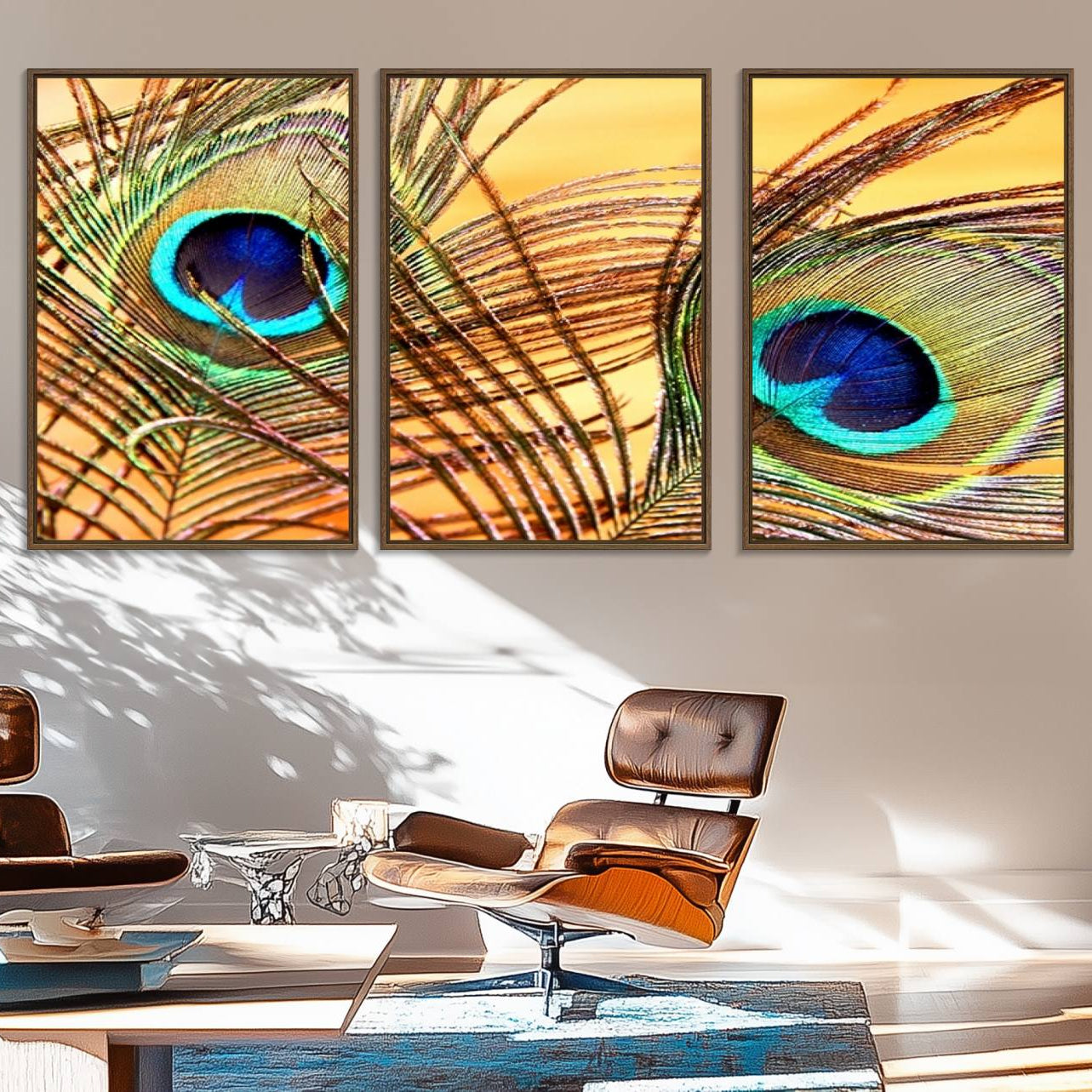 95449-MGV-FC-60X30-3P_Walnut-Peacock Feather Wall Art Print - Vibrant Green, Blue, and Orange Peacock Feather Design, Ready to
