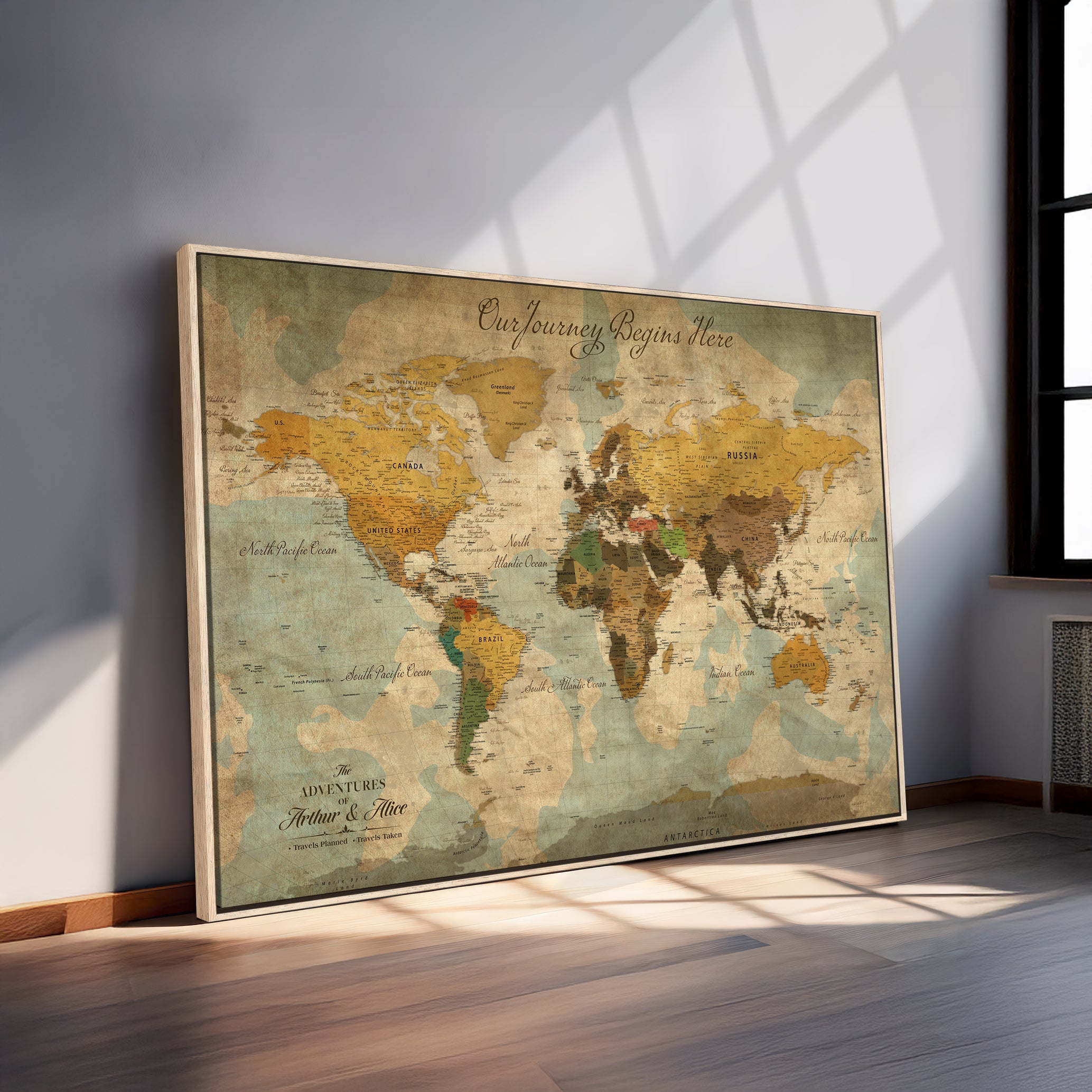 40572820-MGV-CV-36X24-Personalized World Map Canvas – Custom Framed Push Pin Travel Map Wall Art, Vintage Style Gift for Couples