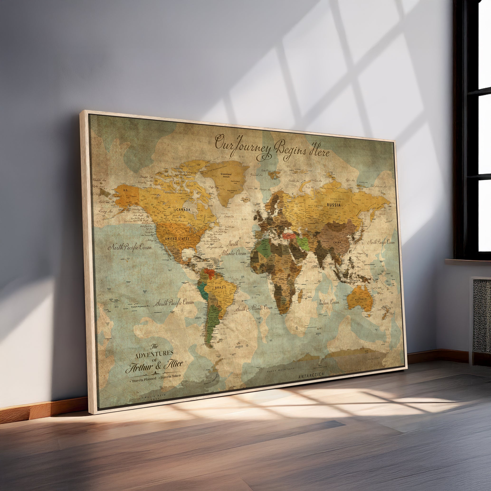 40572820-MGV-CV-36X24-Personalized World Map Canvas – Custom Framed Push Pin Travel Map Wall Art, Vintage Style Gift for Couples