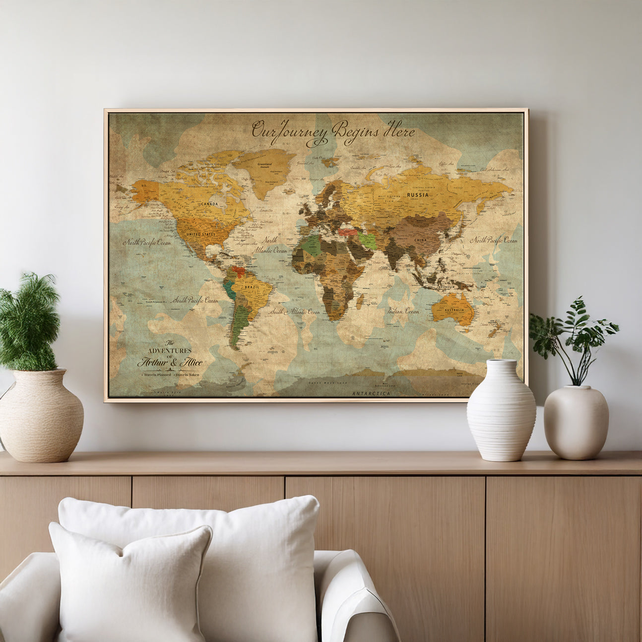 40572820-MGV-CV-36X24-Personalized World Map Canvas – Custom Framed Push Pin Travel Map Wall Art, Vintage Style Gift for Couples