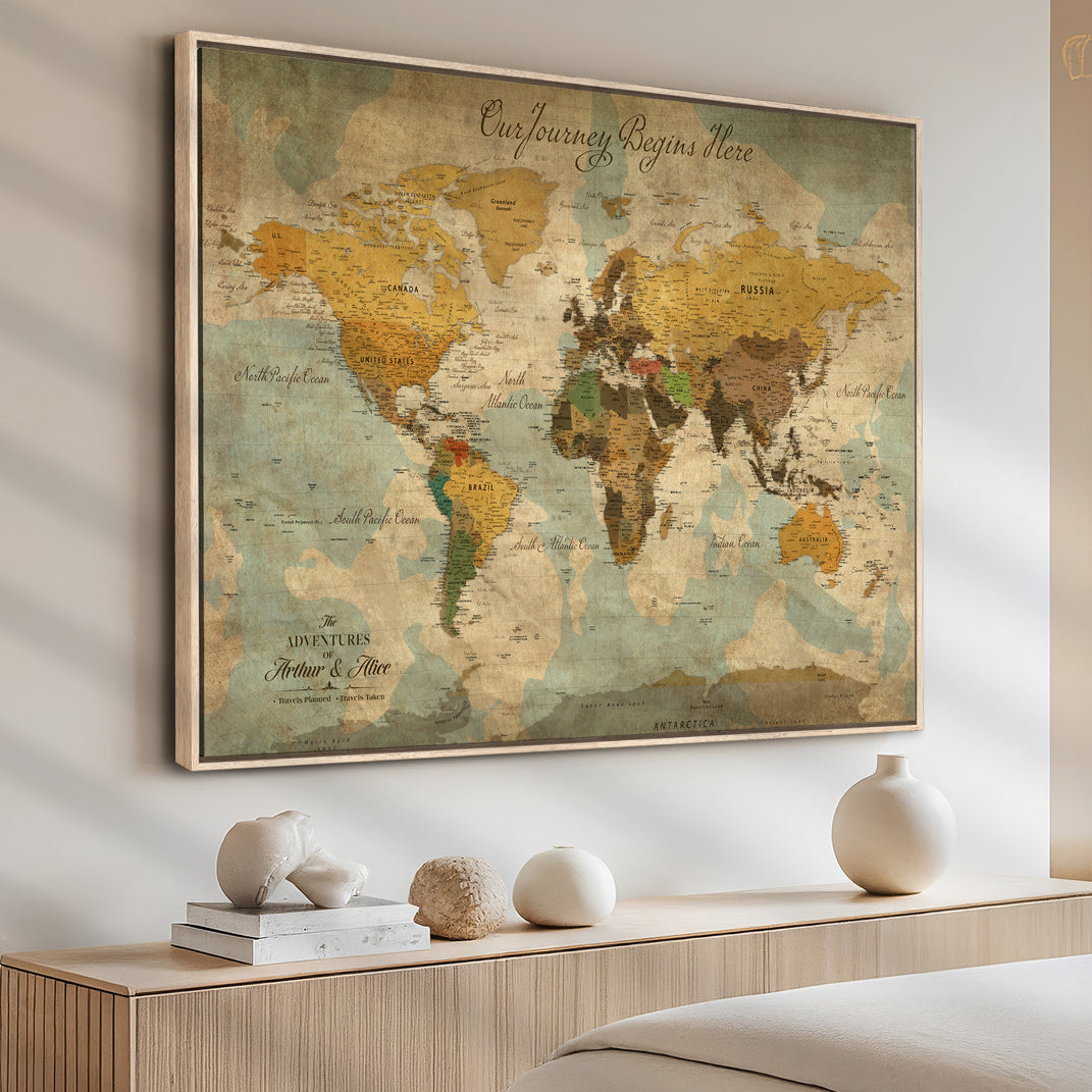 40572820-MGV-CV-36X24-Personalized World Map Canvas – Custom Framed Push Pin Travel Map Wall Art, Vintage Style Gift for Couples