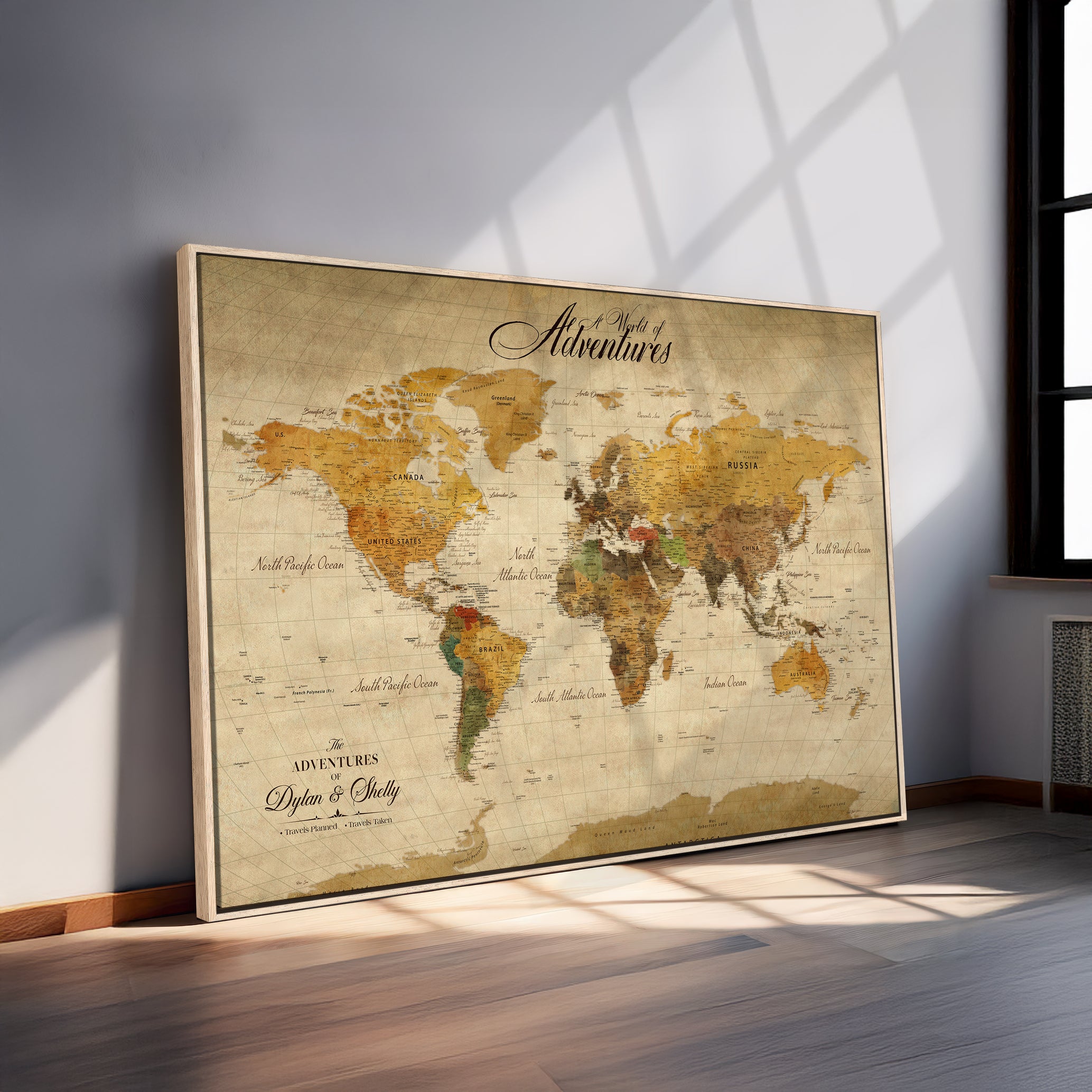 50298017-MGV-CV-36X24-Personalized World Map Canvas – Custom Framed Push Pin Travel Map Wall Art, Vintage Style Gift for Couples and Travelers
