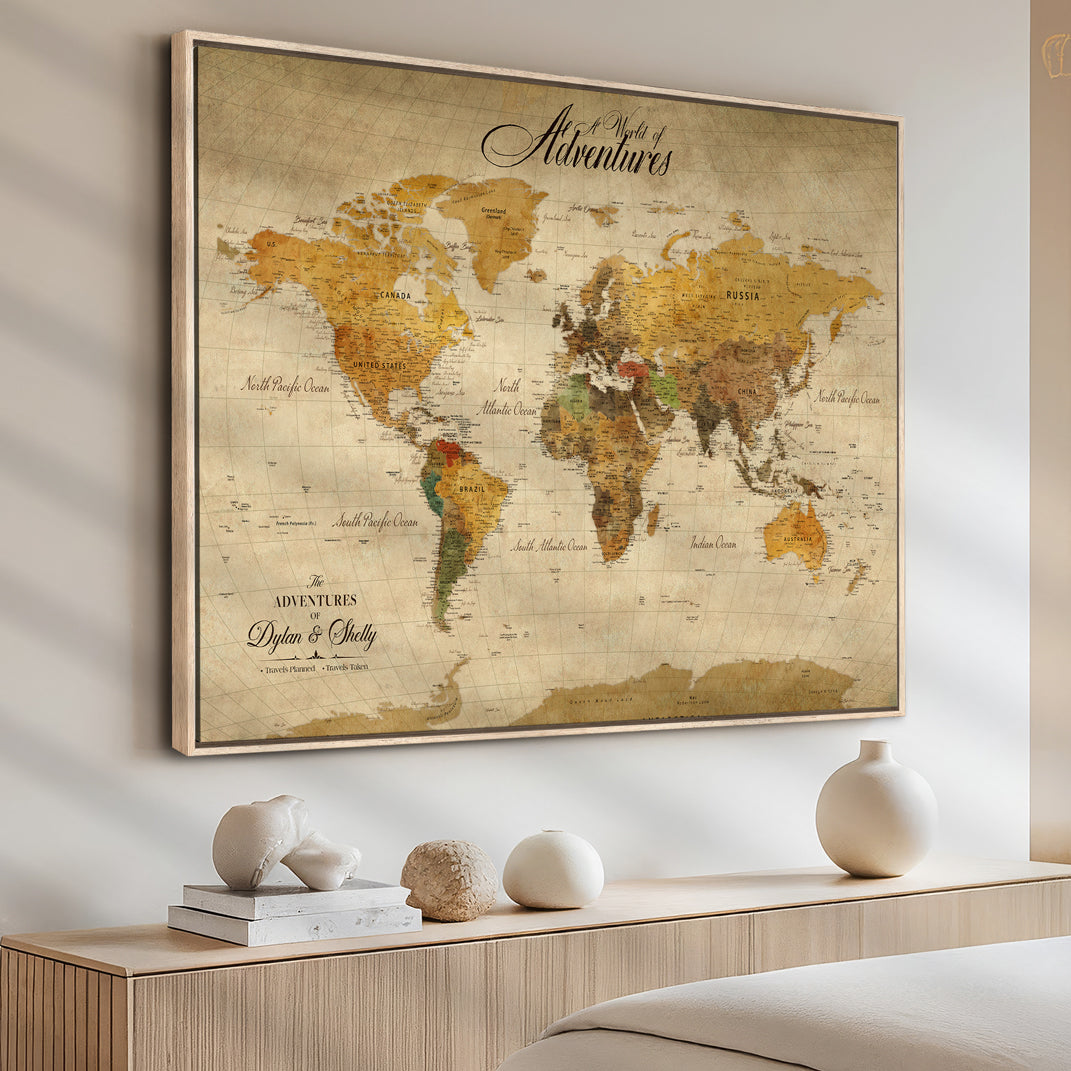 50298017-MGV-CV-36X24-Personalized World Map Canvas – Custom Framed Push Pin Travel Map Wall Art, Vintage Style Gift for Couples and Travelers