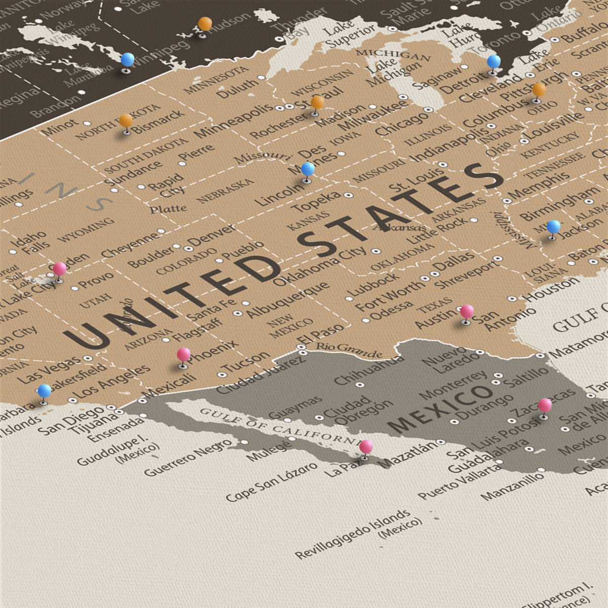 -Personalized World Map Canvas Custom Framed Push Pin Travel Tracker Contemporary Wall Art Gift Couples Explorers Home Office