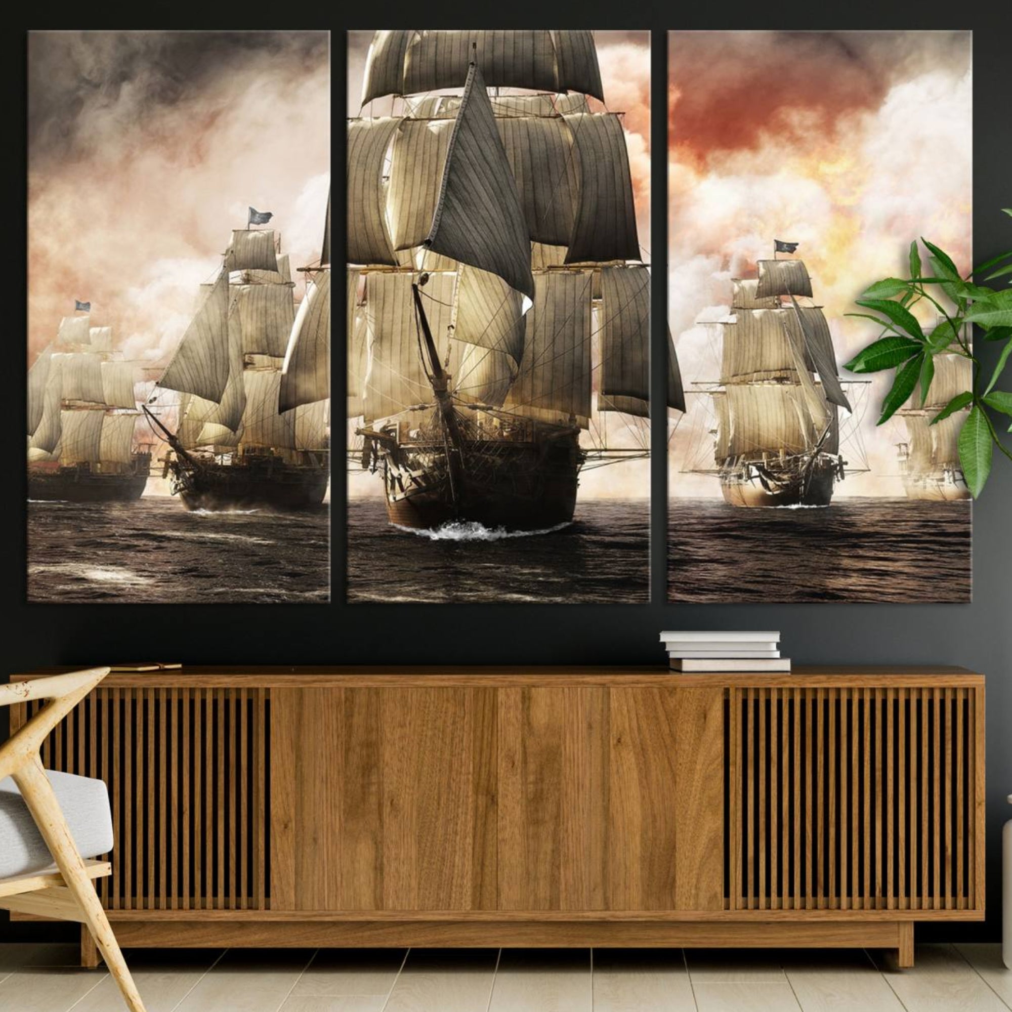 94180-MGV-CV-36X24-Pirate Fleet Canvas Wall Art Print Pirate Ships Canvas Print Vintage Painting Art Nautical Wall Art