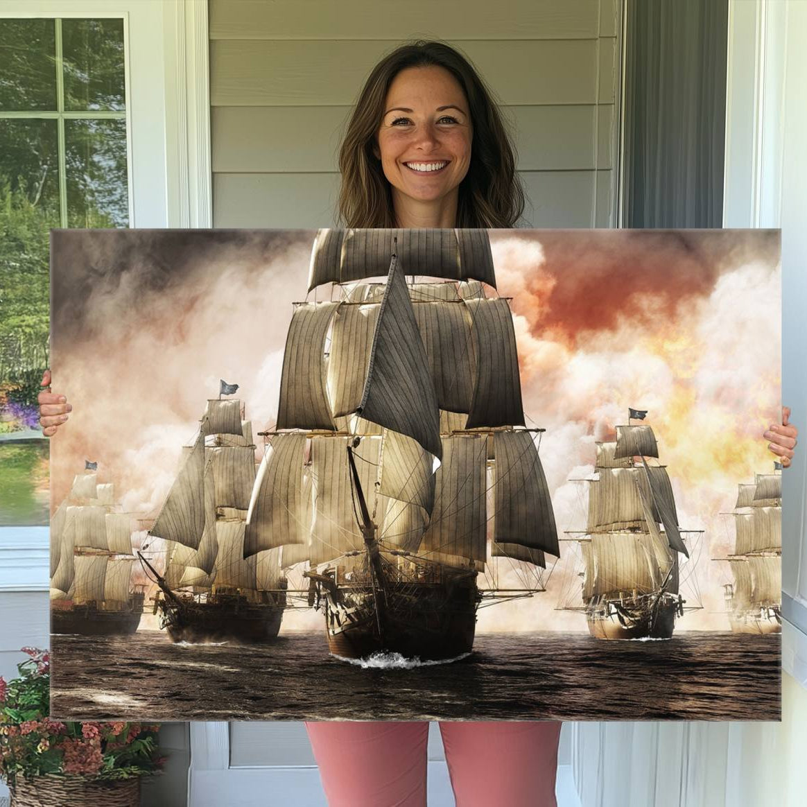 94180-MGV-CV-36X24-Pirate Fleet Canvas Wall Art Print Pirate Ships Canvas Print Vintage Painting Art Nautical Wall Art