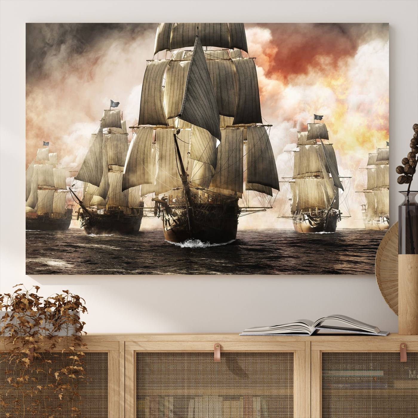 94180-MGV-CV-36X24-Pirate Fleet Canvas Wall Art Print Pirate Ships Canvas Print Vintage Painting Art Nautical Wall Art