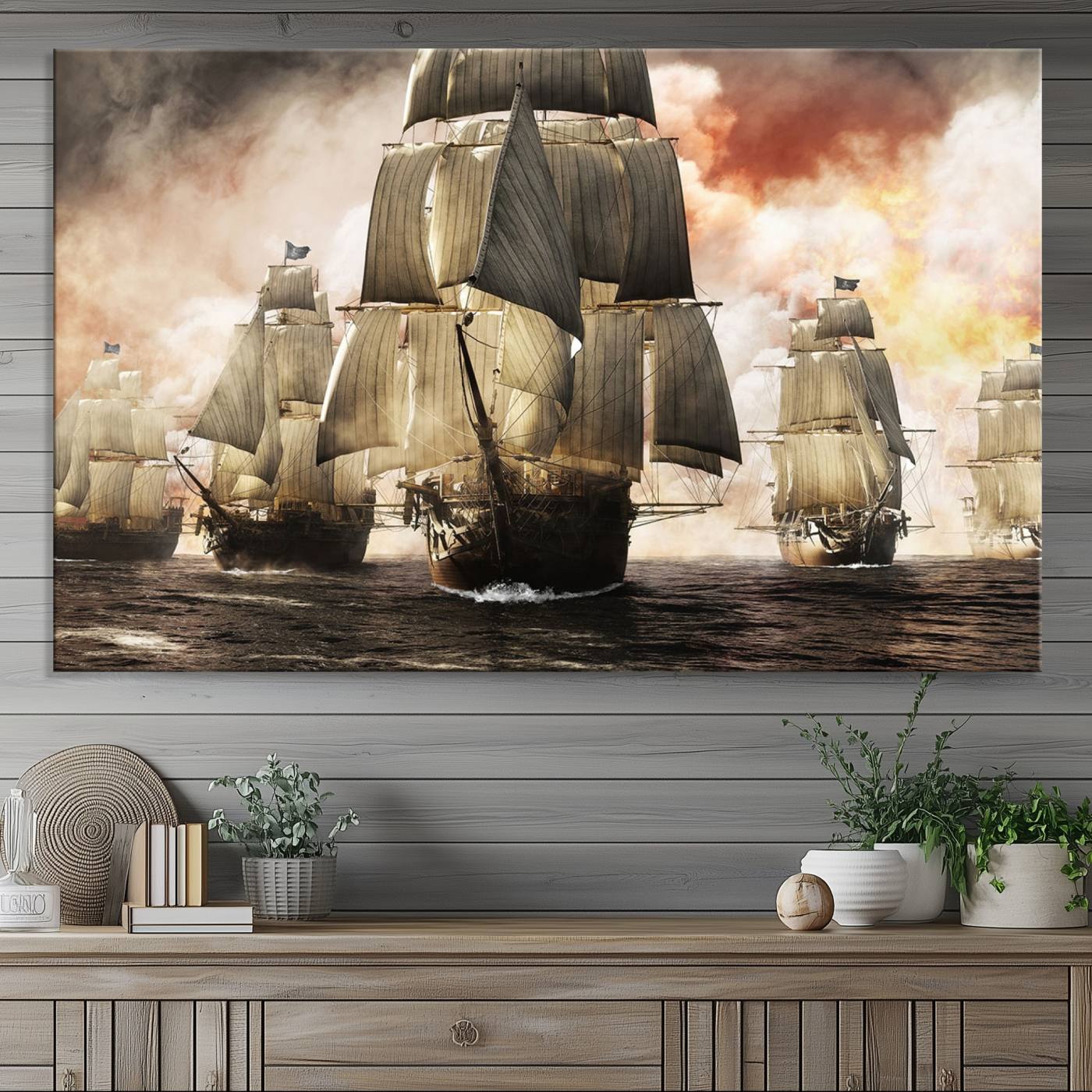 94180-MGV-CV-36X24-Pirate Fleet Canvas Wall Art Print Pirate Ships Canvas Print Vintage Painting Art Nautical Wall Art
