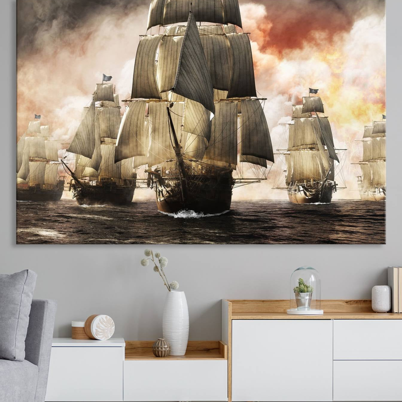 94180-MGV-CV-36X24-Pirate Fleet Canvas Wall Art Print Pirate Ships Canvas Print Vintage Painting Art Nautical Wall Art