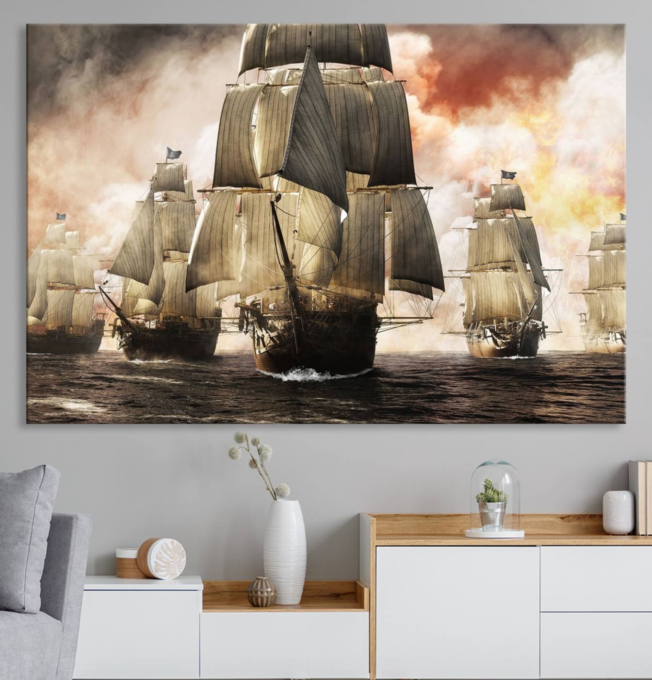 94180-MGV-CV-36X24-Pirate Fleet Canvas Wall Art Print Pirate Ships Canvas Print Vintage Painting Art Nautical Wall Art