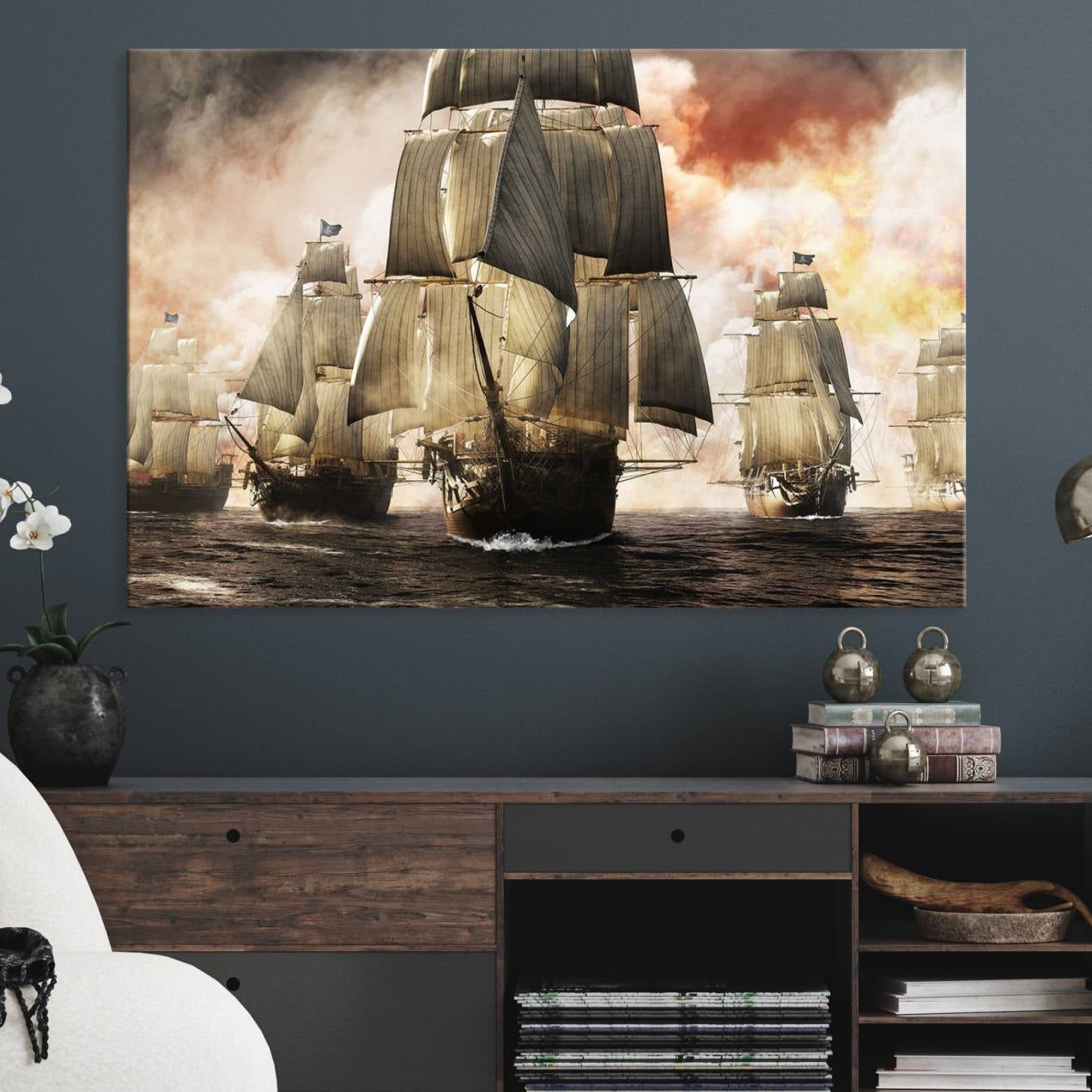 94180-MGV-CV-36X24-Pirate Fleet Canvas Wall Art Print Pirate Ships Canvas Print Vintage Painting Art Nautical Wall Art