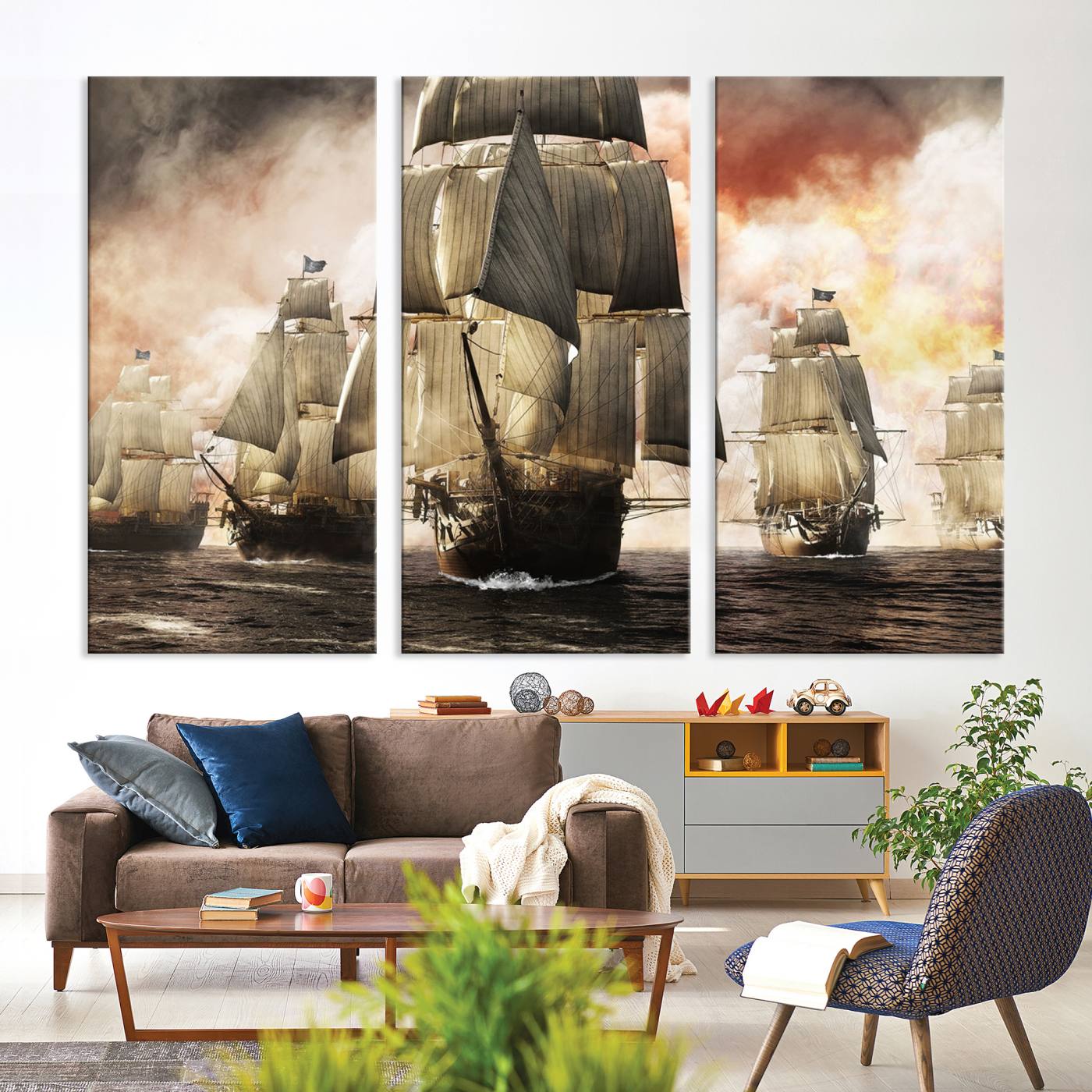 94180-MGV-CV-36X24-Pirate Fleet Canvas Wall Art Print Pirate Ships Canvas Print Vintage Painting Art Nautical Wall Art