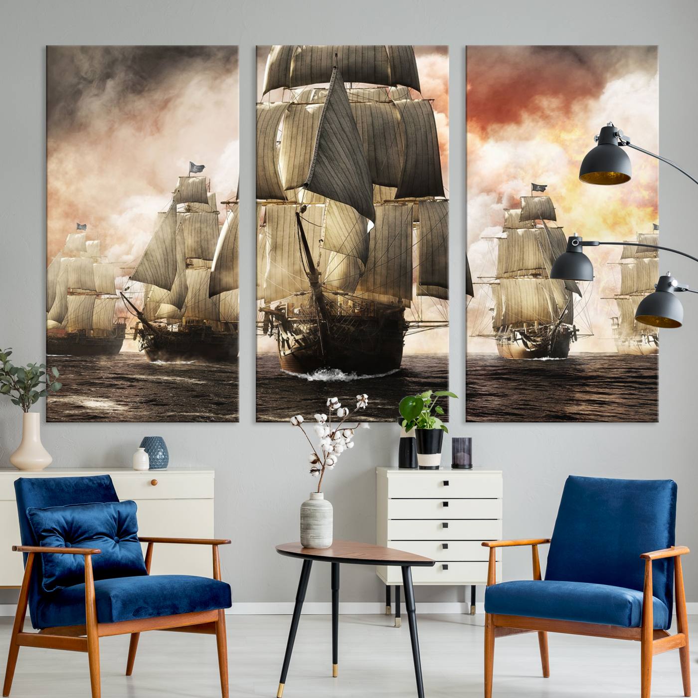 94180-MGV-CV-36X24-Pirate Fleet Canvas Wall Art Print Pirate Ships Canvas Print Vintage Painting Art Nautical Wall Art